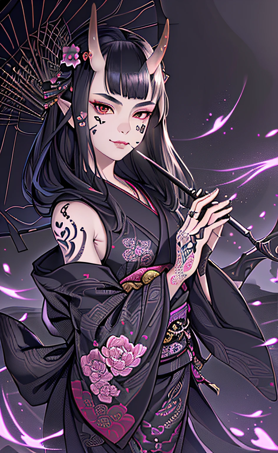 (photorealistic:1.3), masterpiece, best quality, (intricate details:1.2), (scenery:1.3), beautiful face, (black theme:1.3), 
(((1girl, a girl in patterned kimono holding a dagger in her hand, (look at veiwer:1.3), (face tattoo:1.2), small oni horn, 
))), full body, split in half