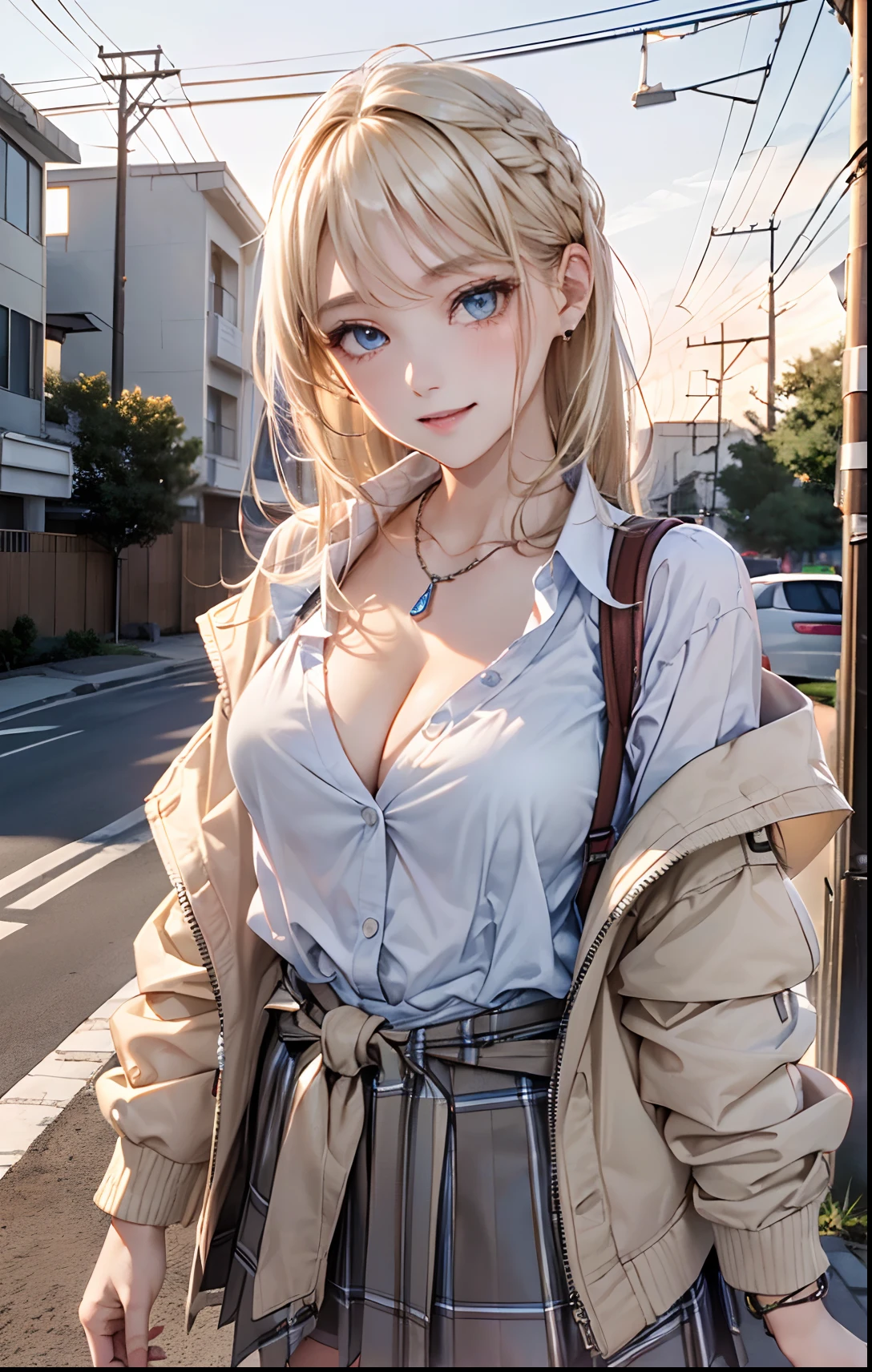 absurderes, ultra-detailliert,bright colour,(in 8K:1.3),masuter piece,extremely beautiful detailed face and eyes, 25 years old,(School Uniforms:1.2), (gyaru:1.2), (white shirt:1.3), (beige cardigan tied around waist:1.3), ((cleavage, unbuttoned):1.2), (plaid-pattern pleated-skirt:1.2), (necklace,colorful bracelet,X hair,Aurora、city light、constellation、Crescent,intergalactic,lamp post, Particles of light, long-sleeve, milkyway, natta, nigh sky, outside of house, planetes, Power lines, shooting stars, Skysky, Skyscraper, 独奏、Stargazing,Star_\(skyporn\)、starrysky、Winters、(Smooth straight blonde hair:1.3), (Shiny hair:1.2), Delicate beautiful face, red blush、Deep Blue Eyes, Happy smiling face,Small necklace,(Cowboy Shot)
