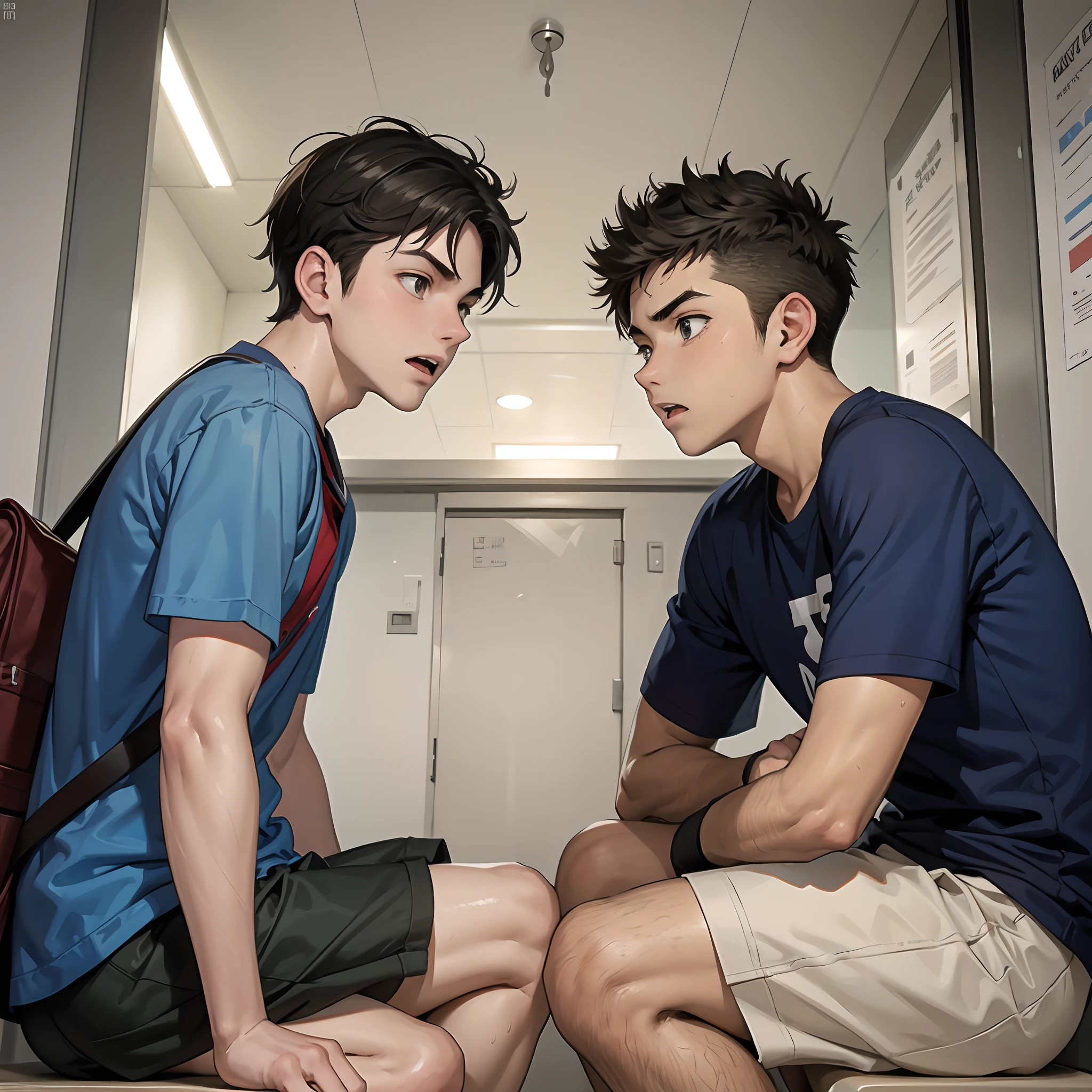 Two boys at school facing each other are angry, molestos, se miran con odio, They argue that you are