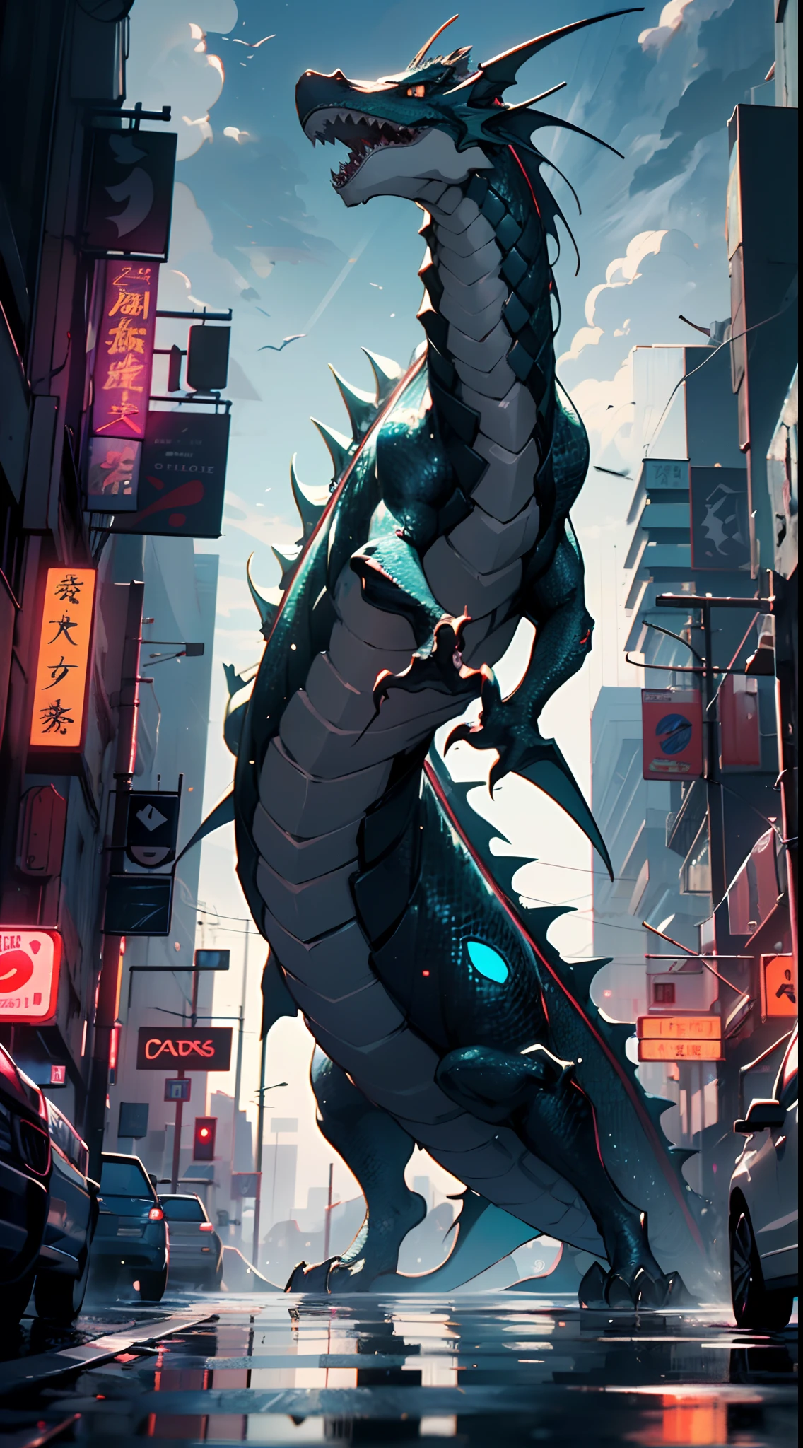 ((futuristic)), ((mythical)), ((fantasy)), modern urban setting, white-haired boy with edgy attire, surrounded by a mechanical Asian dragon, (neon lights:1.2), (cybernetic enhancements:1.1), (ethereal dragon scales:1.1), (action-packed scene:1.2), (cinematic composition:1.1), mixed media artwork, 8k resolution