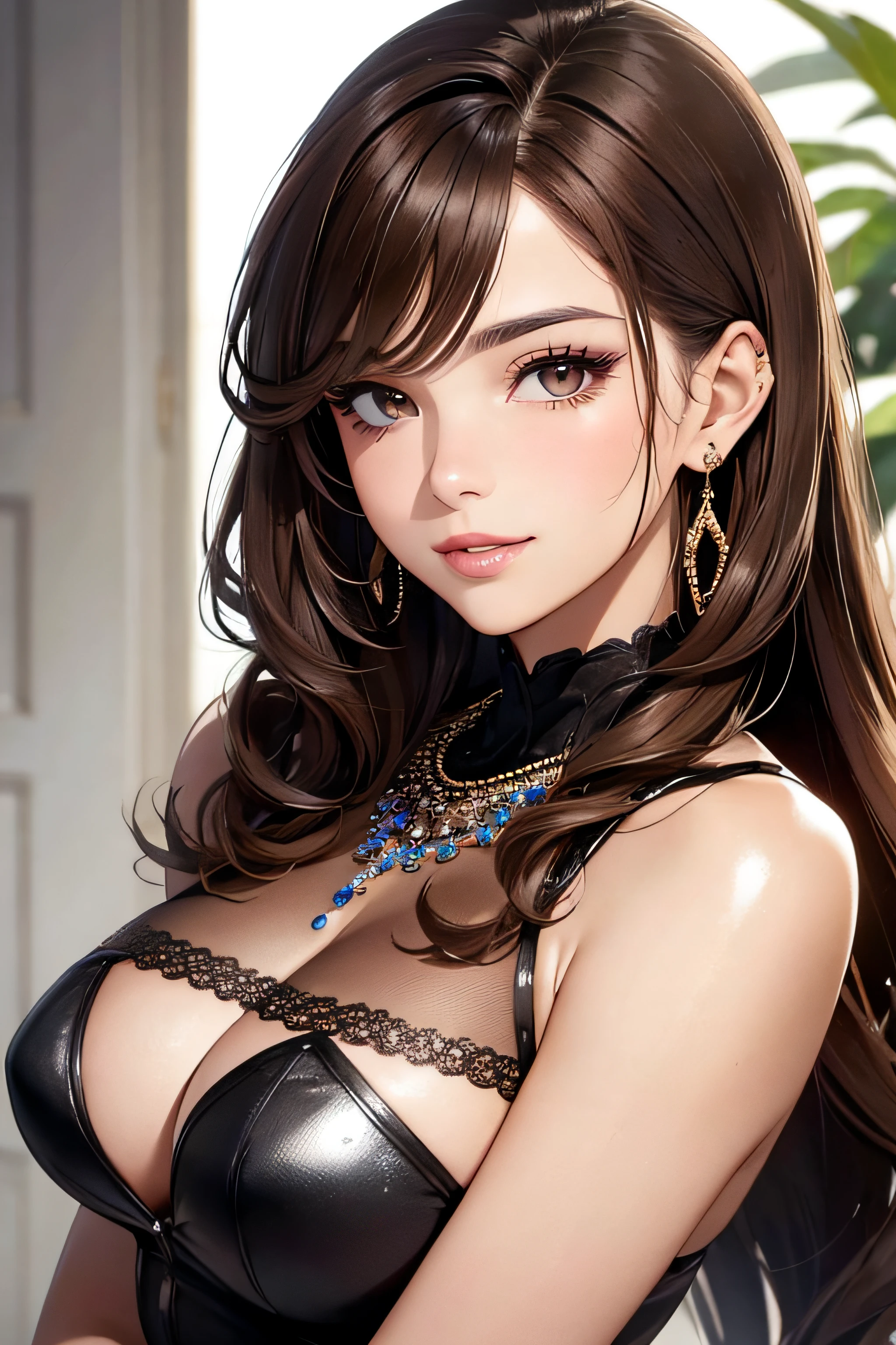 (One frontal photo), Beautiful face, Highly detailed face and skin texture, (Detailed eyes), Brown eyes, Double eyelids, Fine eyebrows, Glitter eyeliner: 1.2, Natural cheeks, Shiny skin, Light skin: 1.2, Shiny necklace and earrings, (Shiny lips: 1. 4), (Seductive smile), (20 years old), (High ponytail, Wavy hair, Brown hair, Diagonal bangs), Medium long hair, ((Upper body shot)), (Focus on chest and face), Medium large breasts, Perky breasts.