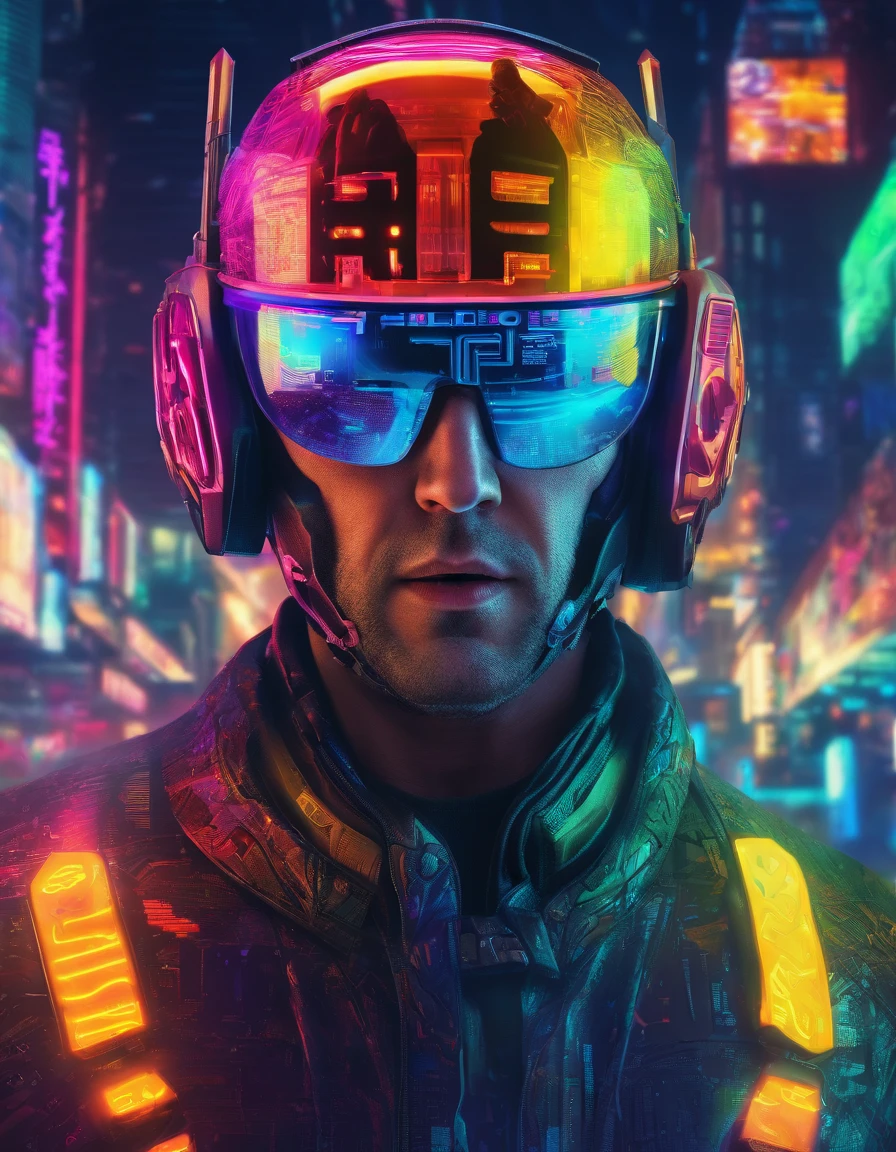 Nicolas Cage，Wearing a translucent holographic helmet，There are projections of text and pictures on it，Close-up of the head，The background is the world of the future，k hd，highly detailed