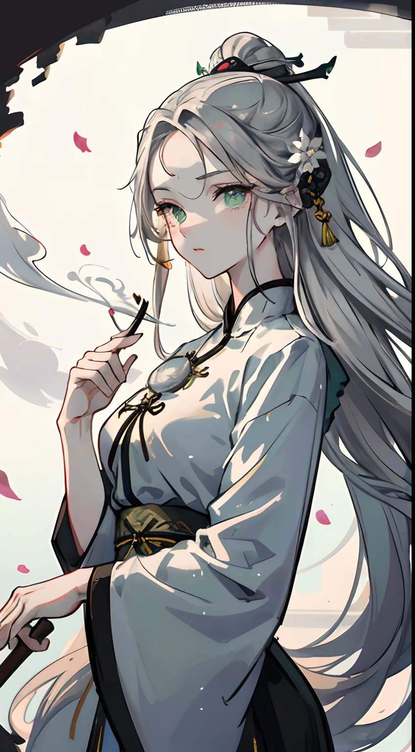 Adult female, strong, green eyes, long silver hair, floating hair, forehead wipe, resolute eyes, complex white Taoist Taoist uniform, gorgeous accessories, magic smoke around him, fov, f/1.8, masterpiece, ancient Chinese architecture, night, flower petals flying, front portrait shot, side lighting, moonlight shining on people, 8K, ultra HD, HDR