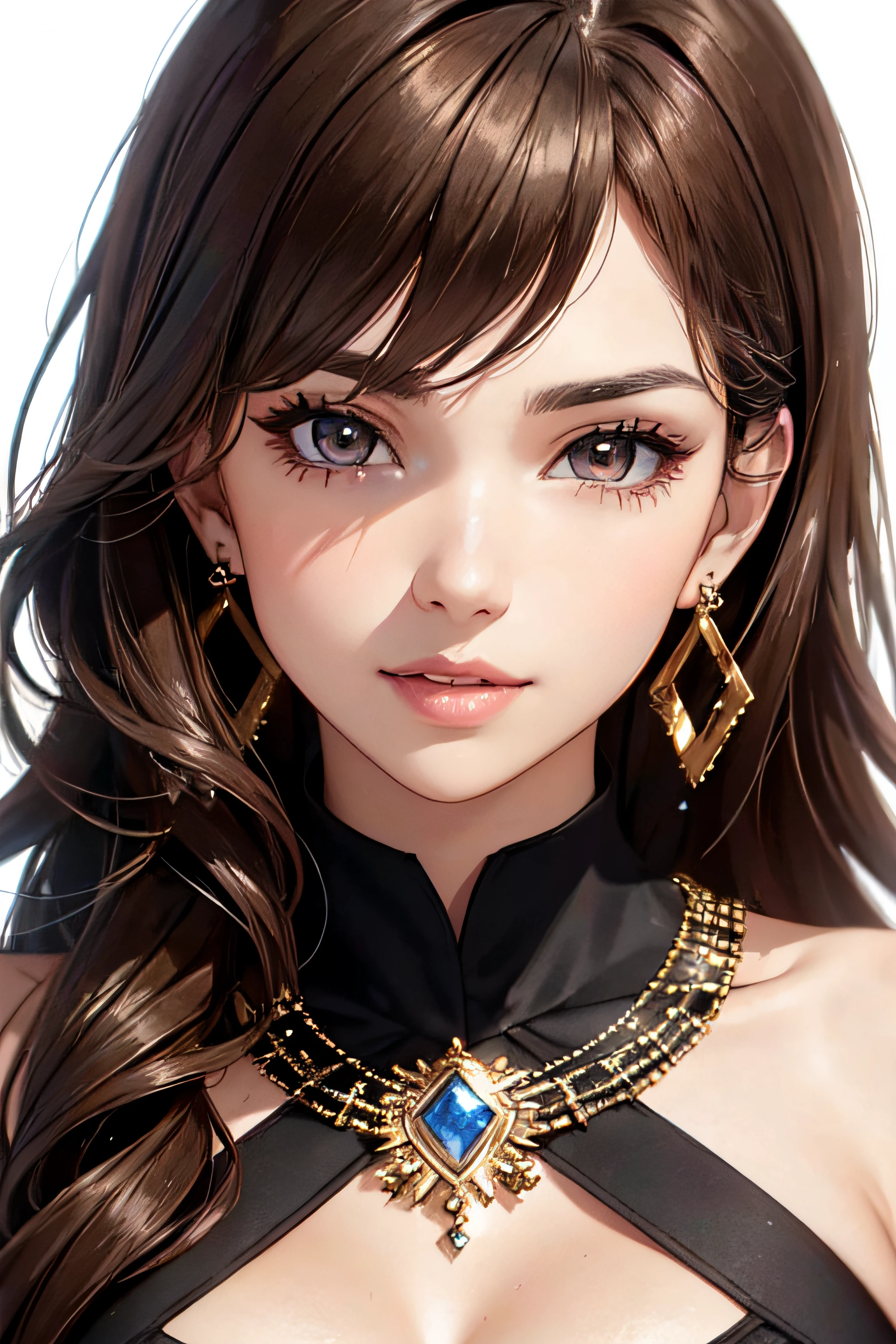 (One frontal photo), Beautiful face, Highly detailed face and skin texture, (Detailed eyes), Brown eyes, Double eyelids, Fine eyebrows, Glitter eyeliner: 1.2, Natural cheeks, Shiny skin, Light skin: 1.2, Shiny necklace and earrings, (Shiny lips: 1. 4), (Seductive smile), (20 years old), (High ponytail, Wavy hair, Brown hair, Diagonal bangs), Medium long hair, ((Upper body shot)), (Focus on chest and face), Medium large breasts, Perky breasts.