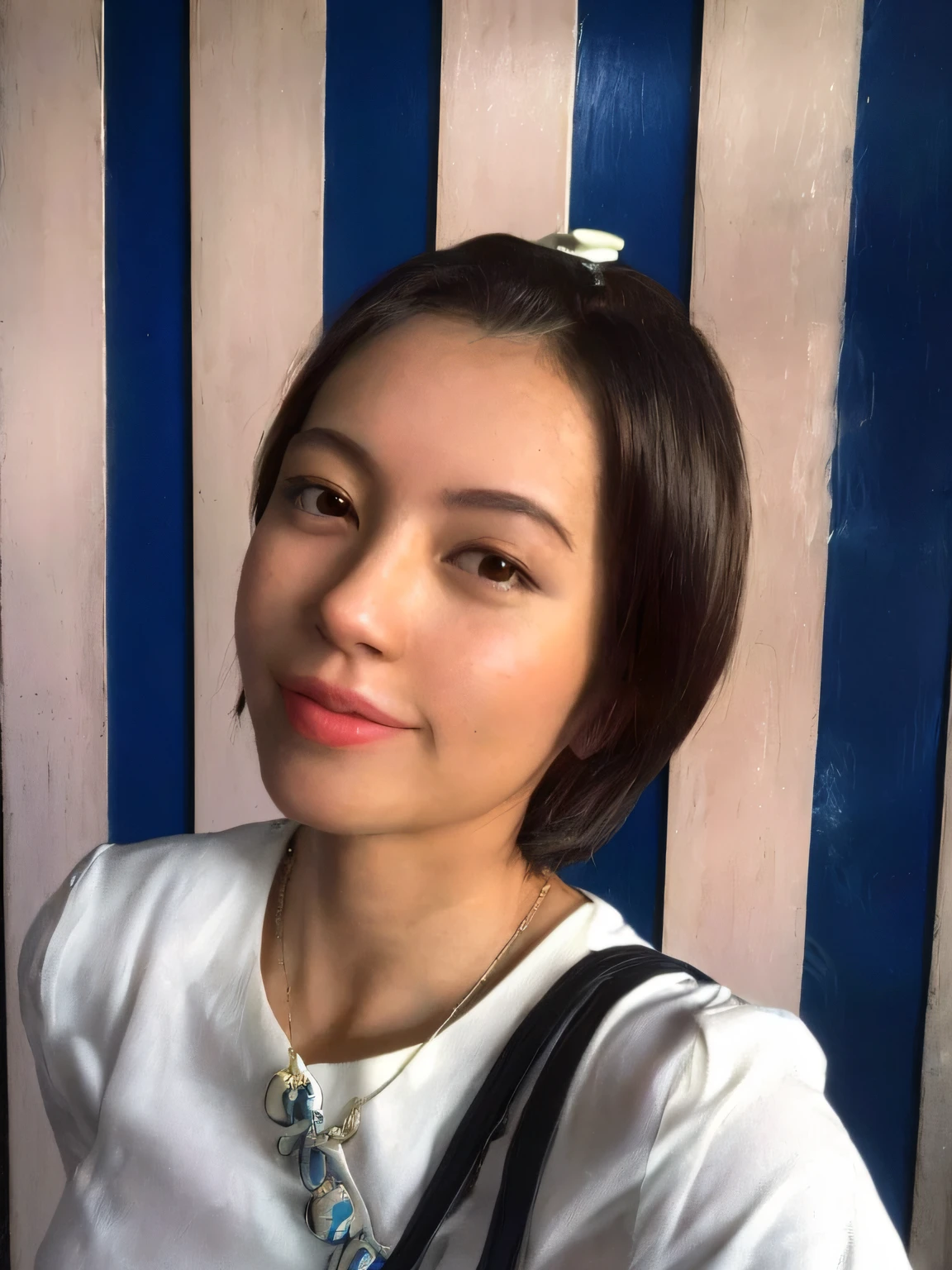 (Best quality, 8k, 32k, Masterpiece, UHD:1.2),Photo of Pretty Japanese woman, 1gril,black short hair,small breasts,(detailed white loose t-shirt:1.2),denim pants,necklace,(detailed blue lace bra:1.1),(leaning forward:1.8),looking at viewer,pov,looking down,across table,(hands on table:1.1),smile,in cafe,upper body, all fours,