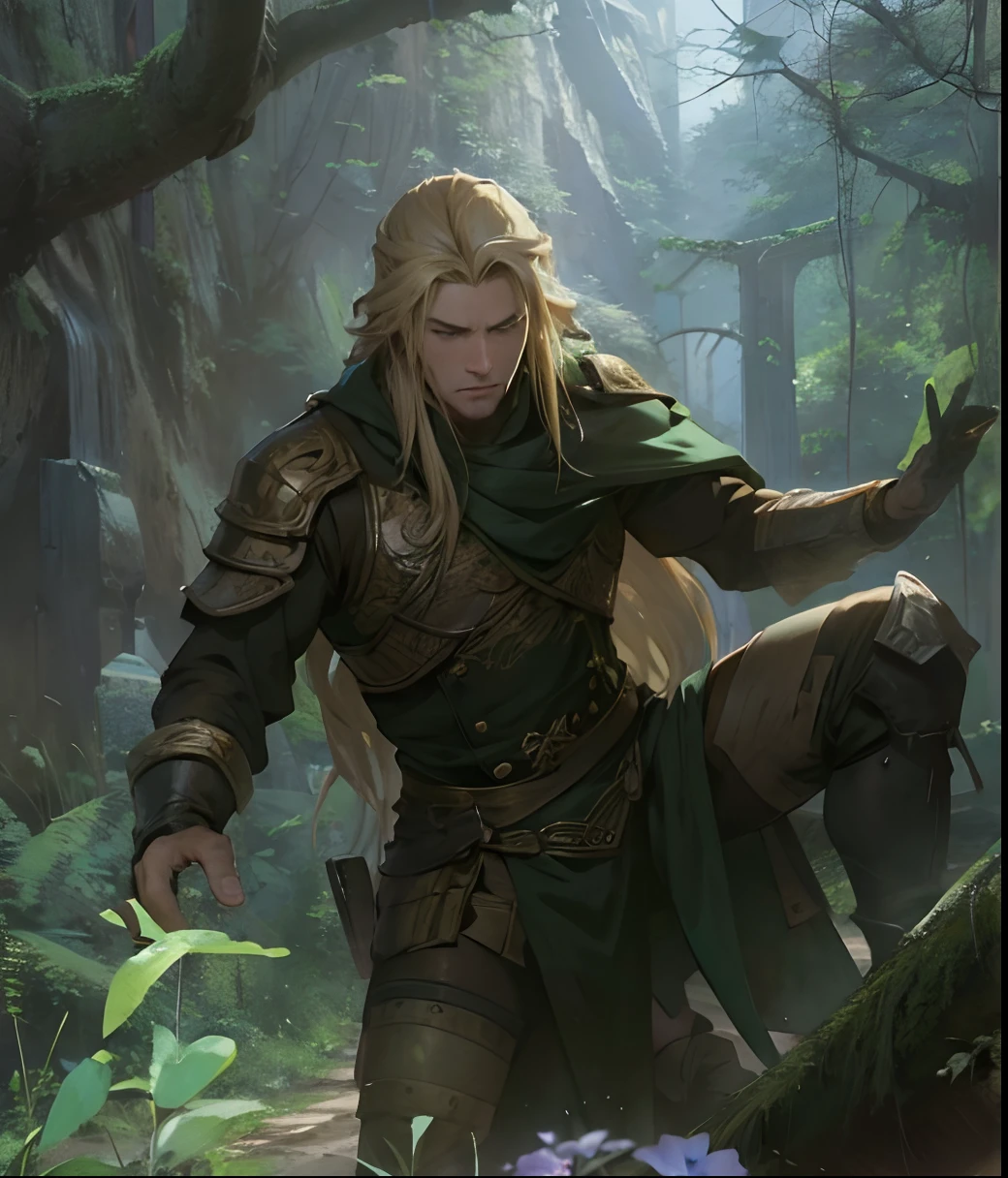 Long Blond Hair. Man. Florest Background