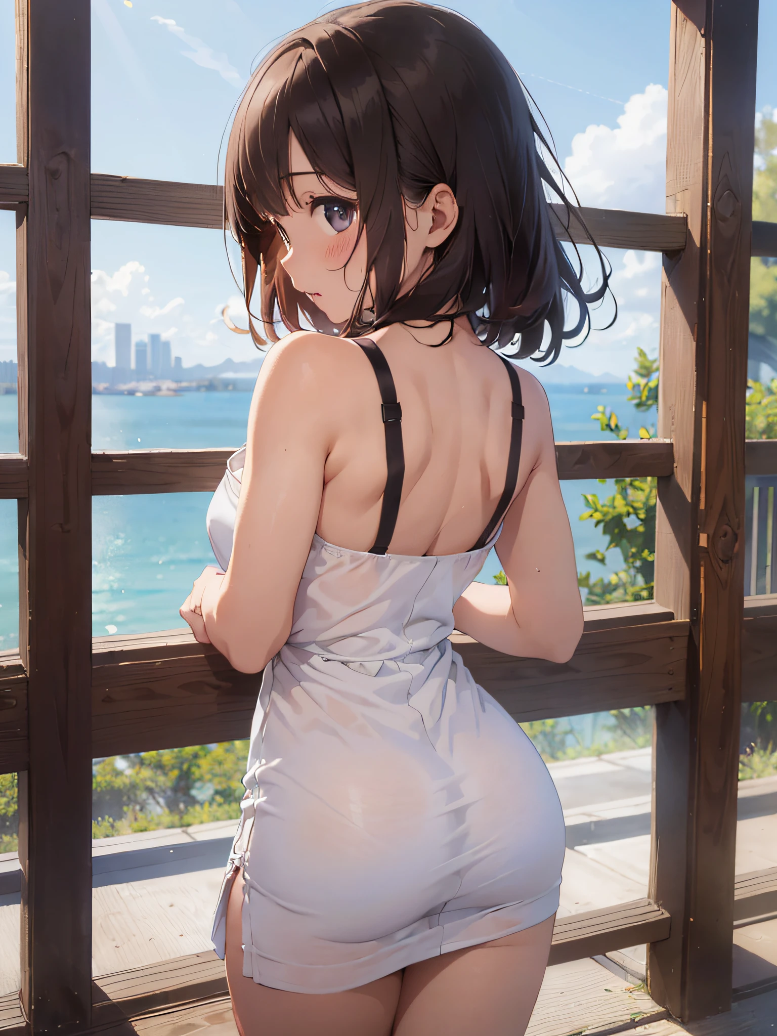 (masterpiece:2.0), (top-quality:2.0), (white Tube top extremely short length dress made by towel with extremely big slit:1.5), (view from the behind:1.5), (perfect exposed shoulders:1.5), (perfect exposed nape:1.5), (super sexypose:1.5), (blushed face:1.3), (barechested:1.3), (realistic:1.5), 1 , precise small hands, Embarrassed look, light smile, Open mouth, extremely cute girl, innocent face, young face, Clear eyes, Shining eyes, shoulder is visible, small breast, thigh is visible, No pubic hair, dynamic posing, The beautiful skin, ultra-definition, Top resolution, japan high school student, brown hair