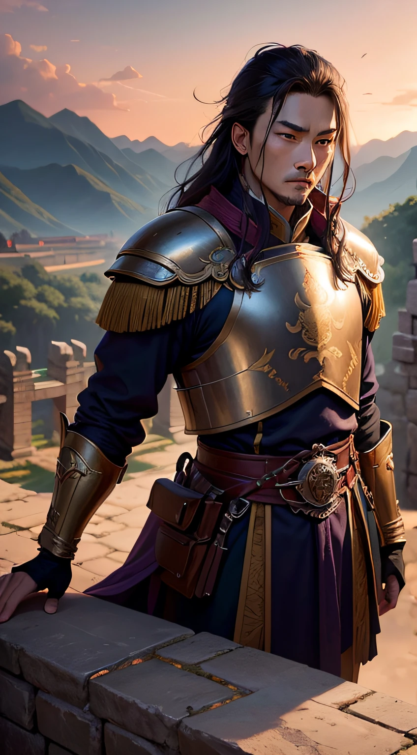 empty fort strategy,Zhuge Liang's triumph,historical masterpiece,war strategy,Chinese landscape painting,subtle details,vibrant colors,dynamic composition,majestic mountains,lush forests,crimson sunset,golden clouds,serene river,reflecting moon,peaceful atmosphere,dignified figure,wise eyes,purple robe,strategist,legendary status,brilliant tactics,unconquerable fortress,peaceful negotiation,triumph without violence,fierce enemies in retreat,clever deception,detailed architecture,ancient city walls,guarded gates,war banners fluttering,quiet anticipation,quiet confidence,military genius,revered statesman,artistic portrayal,awe-inspiring imagery,dramatic lighting,heroic legend,iconic scene,memorable moment,visual storytelling