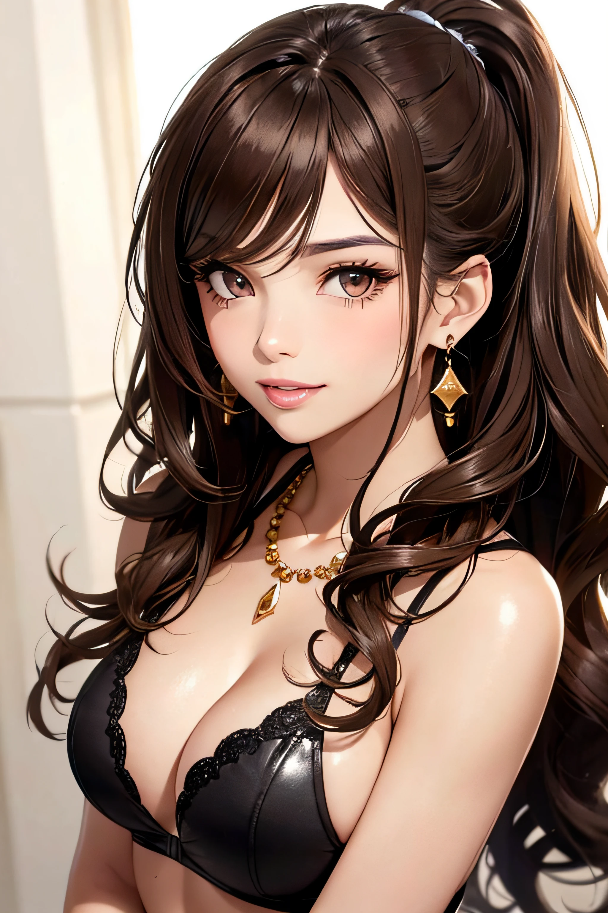 (One frontal photo), Beautiful face, Highly detailed face and skin texture, (Detailed eyes), Brown eyes, Double eyelids, Fine eyebrows, Glitter eyeliner: 1.2, Natural cheeks, Shiny skin, Light skin: 1.2, Shiny necklace and earrings, (Shiny lips: 1. 4), (Seductive smile), (20 years old), (High ponytail, Wavy hair, Brown hair, Diagonal bangs), Medium long hair, ((Upper body shot)), (Focus on chest and face), Medium large breasts, Perky breasts.