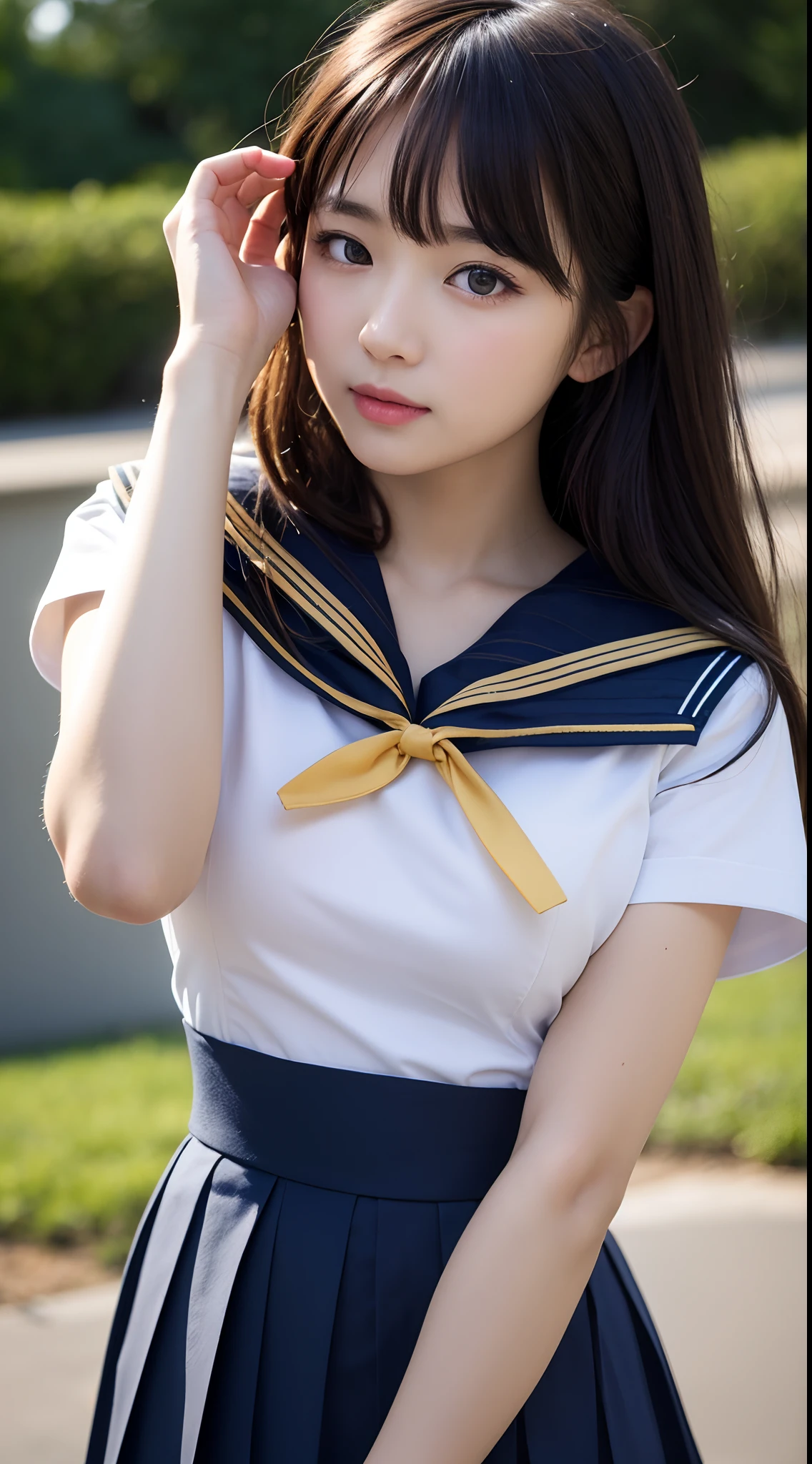 (Hassleblad H6D-400c), (medium format image),(dreamy),(400 mega pixels),(photorealistic:1.4),(RAW photo:1.2),(8k),(masterpiece:1.3),(realistic),(hyper-realistic),ultra-detailed,illustration,(very_high_realistic:1.5),(very_high_resolution:1.5),HDR,CG,unity,8k wallpaper,Amazing,finely detail,official art,extremely detailed CG unity 8k wallpaper,(best quality),incredibly absurdres,ultra-detailed,light on face,cinema lights,cinematic lighting,professional lighting,photon mapping,radiosity,physically-based rendering,solo focus,sharp focus,highres,extremely detailed,extremely delicate and beautiful,intricate detail,facial muscles,beautiful detailed girl,natural makeup,extremely detailed face,looking away,(embarassed,smile, happy, grin, flustered:0.3),japanese girl,((solo)),(very short black hair with bangs),(finely detailed beautiful AMBER Black eyes: 2),symmetrical pupils,extremely detailed pupils,lustrous skin,show Clavicle, perfect skin,(medium_breasts:1.3),slim body,narrow waist,Proper body proportion,perfect body,((sailor uniform:1.5)),