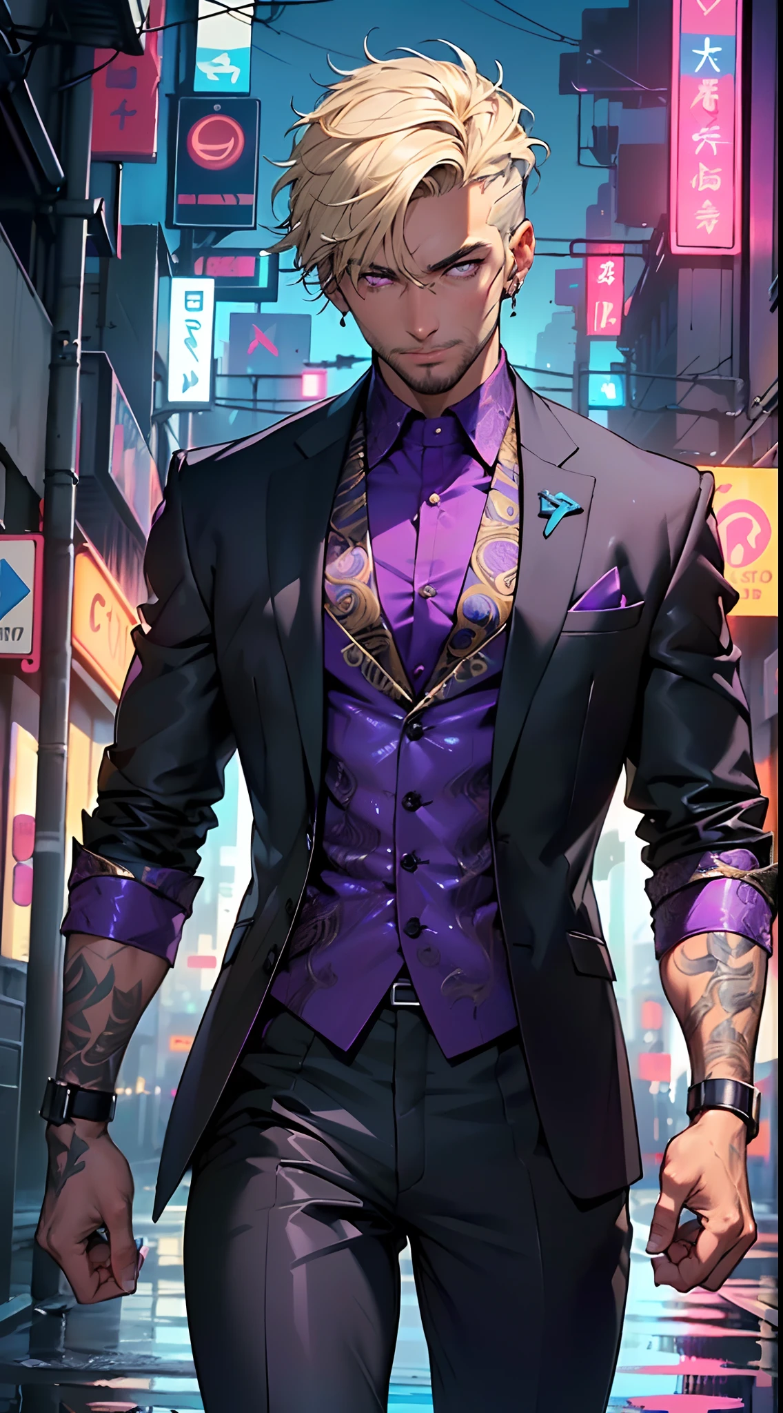 man:1.5,1 man,businessman man,(((1man))),((man with black short hair)),
(((1male,man:1.5,handsome man,male,male gender:1.5,male focus))),macho man,hero,
((messy hair,black short haircut,detailed blonde hair,highly detailed hair,black hair,colored inner hair)),(((lustrous skin:1.5,tanned skin,bright skin: 1.5,skin tanned,shiny skin,very shiny skin,shiny body,illuminated skin))),(((purple_eyes:1.2))),intricate eyes,beautiful detailed eyes,symmetrical eyes,((man chest)),handsome face,((muscular)),male jaw,((very short beard)),(((detailed face))),
manly,nsfw,
cyberpunk businessman, ((Business suit:1.5)), futuristic businessman,((bulge in pants)),((bold color suit:1.2)),((wet clothes,intricate outfit,intricate clothes,intricate suit)),
(dynamic pose:1.0),solo focus,((smug)),(centered,scale to fit dimensions,Rule of thirds),
cyberpunk city by the ocean at night, with bright neon signs and dark stormy clouds and puddles, scenery:1.25,
highres, sharp focus, (ultra detailed, extremely detailed), (photorealistic artwork:1.37),(extremely detailed CG unity 8k wallpaper),((synthwave background theme)),(((vibrant colors))),(intricate background),(masterpiece),(best quality),