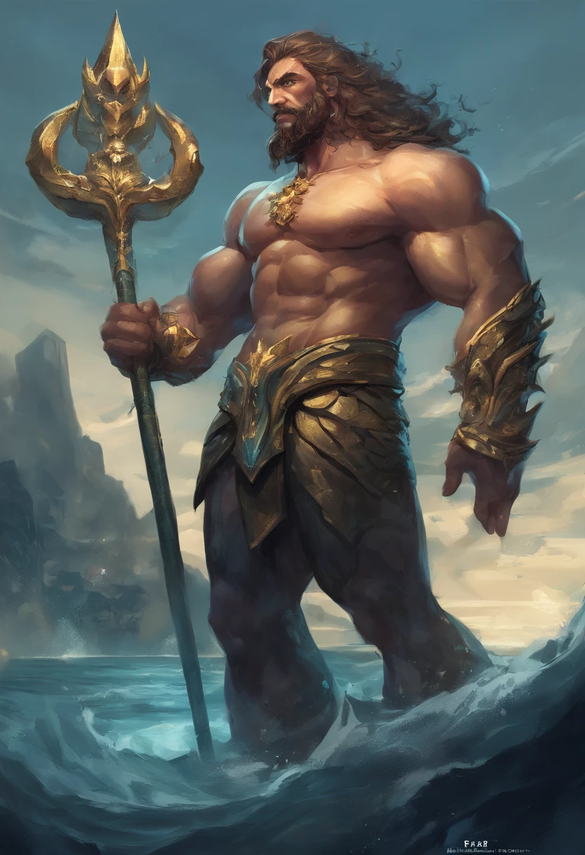 concept art; male mermaid character; muscle; bulk; medium ginger hair; pale skin; beardstache; simple; standing pose; simple dark background; artstation; riot games style; massive biceps; massive pecs; blue eyes; perfect and realistic eyes; hairy body; full-shot; full body; comission for high resolution; volumetric lighting; light illuminating his left side; alejandro burdiso style; rustic big nose; concept art; professional art; perfect hands; character concept; detailed full body concept art; full portrait; heavy shading; triton male mermaid character; unealistic character; fantasy character; man with fish tail replacing legs; half man half fish; male meramid; triton; mythological creature; scales; non human character; super hunky; super buff; beef man; extremely huge massive pecs and biceps; huge biceps and pecs; god poseidon; heroic masculine pose; holding trident with right hand; medium hair; gold trident on right hand; heavy shading; highlights; bulging muscles; massive muscle body; swollen chest; perfect trident; golden bracelets; jewel necklace; slightly pointed ; large rustic nose; beefcake guy; sexual symbol; shoulder pad; golden belt; poseidon's trident; masterpiece; god poseidon portrait; tattoo; scales growing in the arms; focus on his pecs