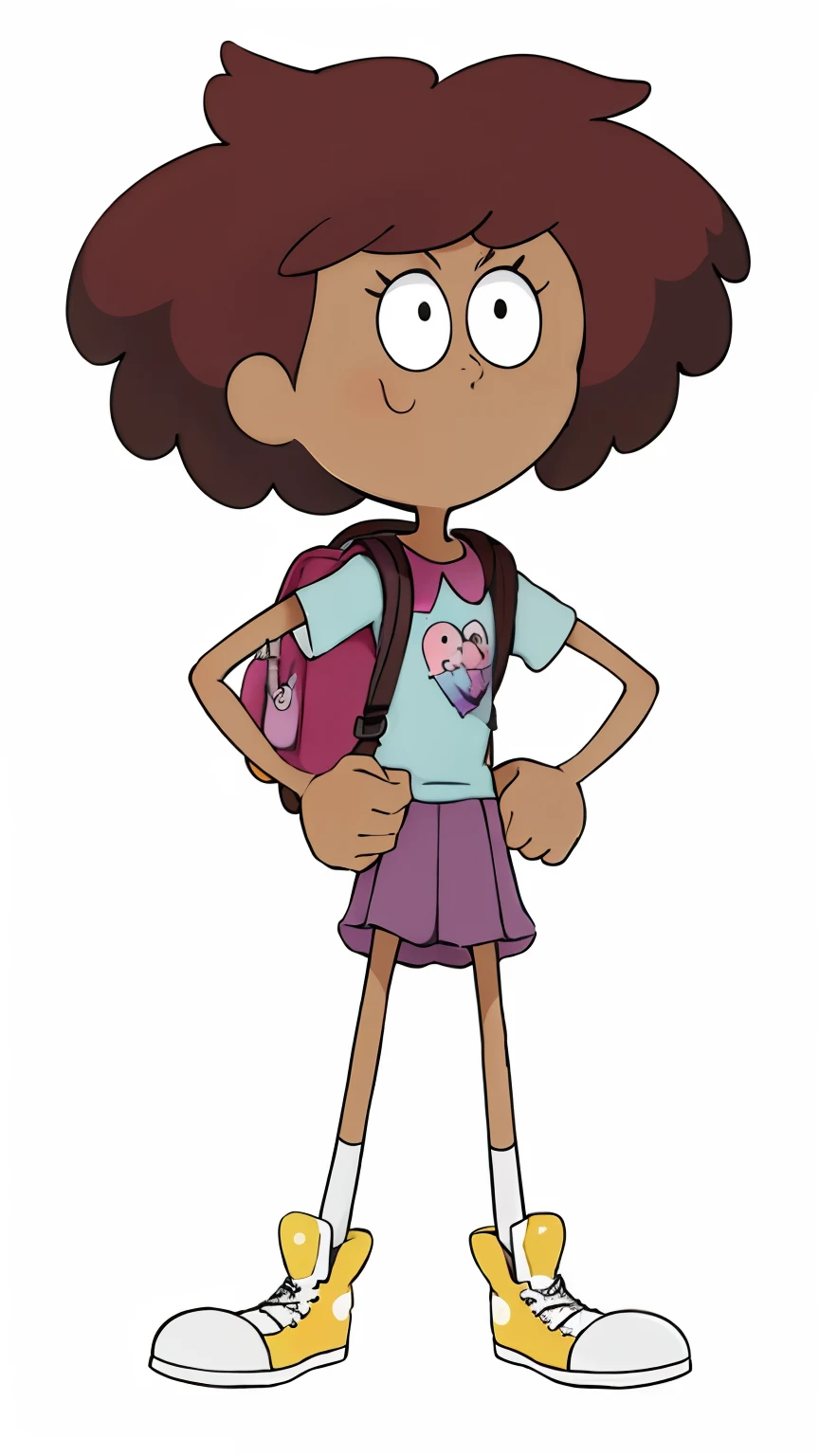 una chica de dibujos animados con una mochila y una mochila de pie, Rebecca Sugar, madeline de celeste, inspirado por Daphne McClure, De Rick y Morty, inspirado por Daphne Fedarb, inspirado en Puru, Un personaje basado en un haggis, she has olive brown skin, Arte Oficial, Estilo de Cartoon Network, Granate de Steven Universe, Chica de anime llamada Lucy, Imagen filtrada
