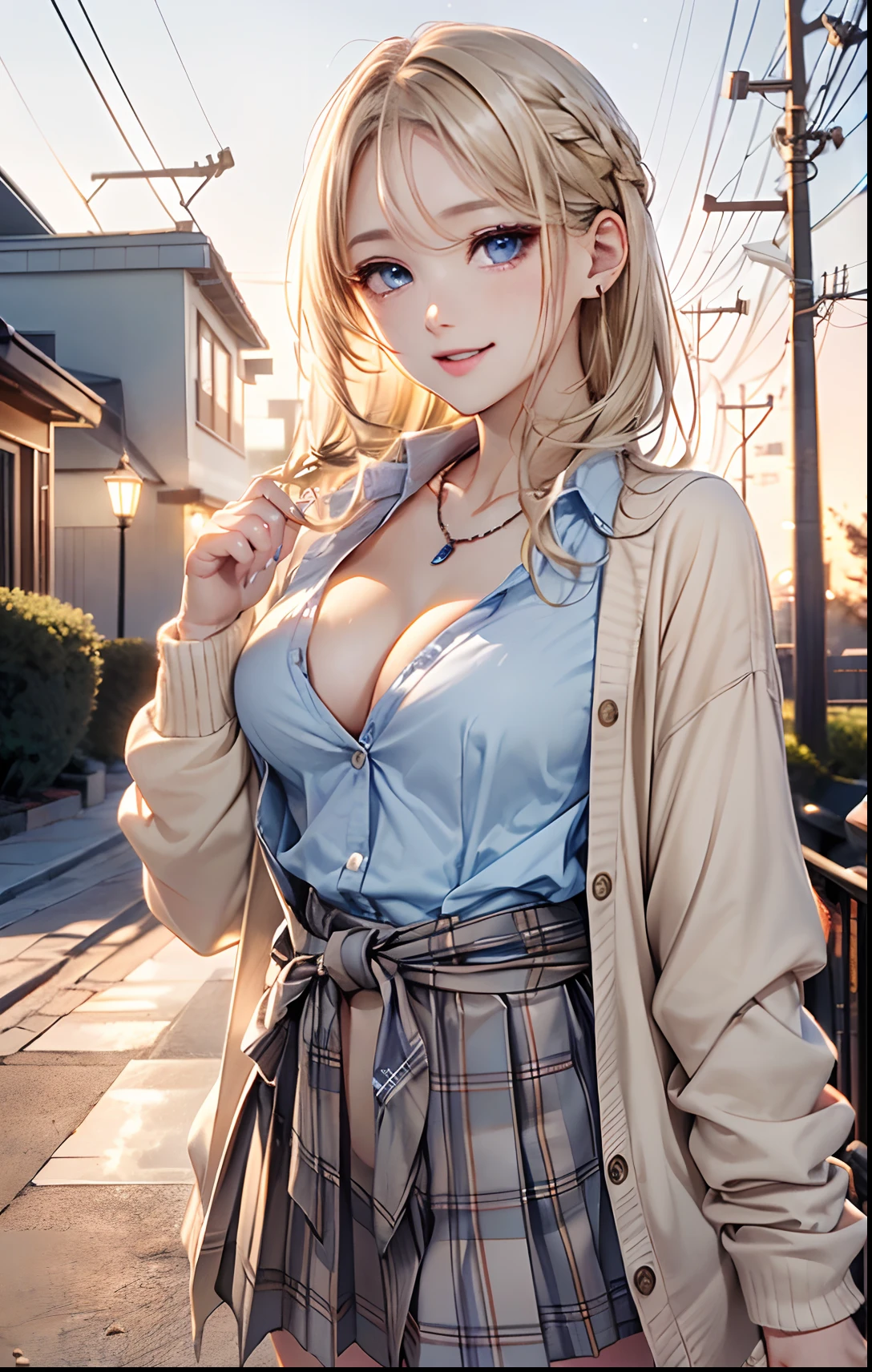 absurderes, ultra-detailliert,bright colour,(in 8K:1.3),masuter piece,extremely beautiful detailed face and eyes, 25 years old,(School Uniforms:1.2), (gals:1.2), (White shirt:1.3), (Tie a beige cardigan around the waist:1.3), ((cleavage, Unbuttoned):1.2), (plaid pleated skirt:1.2), (Necklace,Colorful bracelets,X-Hair,Aurora、city light、constellation、Crescent,intergalactic,lamp post, Particles of light, long-sleeve, milkyway, natta, nigh sky, outside of house, planetes, Power lines, shooting stars, Skysky, Skyscraper, 独奏、Stargazing,Star_\(skyporn\)、starrysky、Winters、(Smooth straight blonde hair:1.3), (Shiny hair:1.2), Delicate beautiful face, red blush、Deep Blue Eyes, Happy smiling face,Small necklace,(Cowboy Shot)