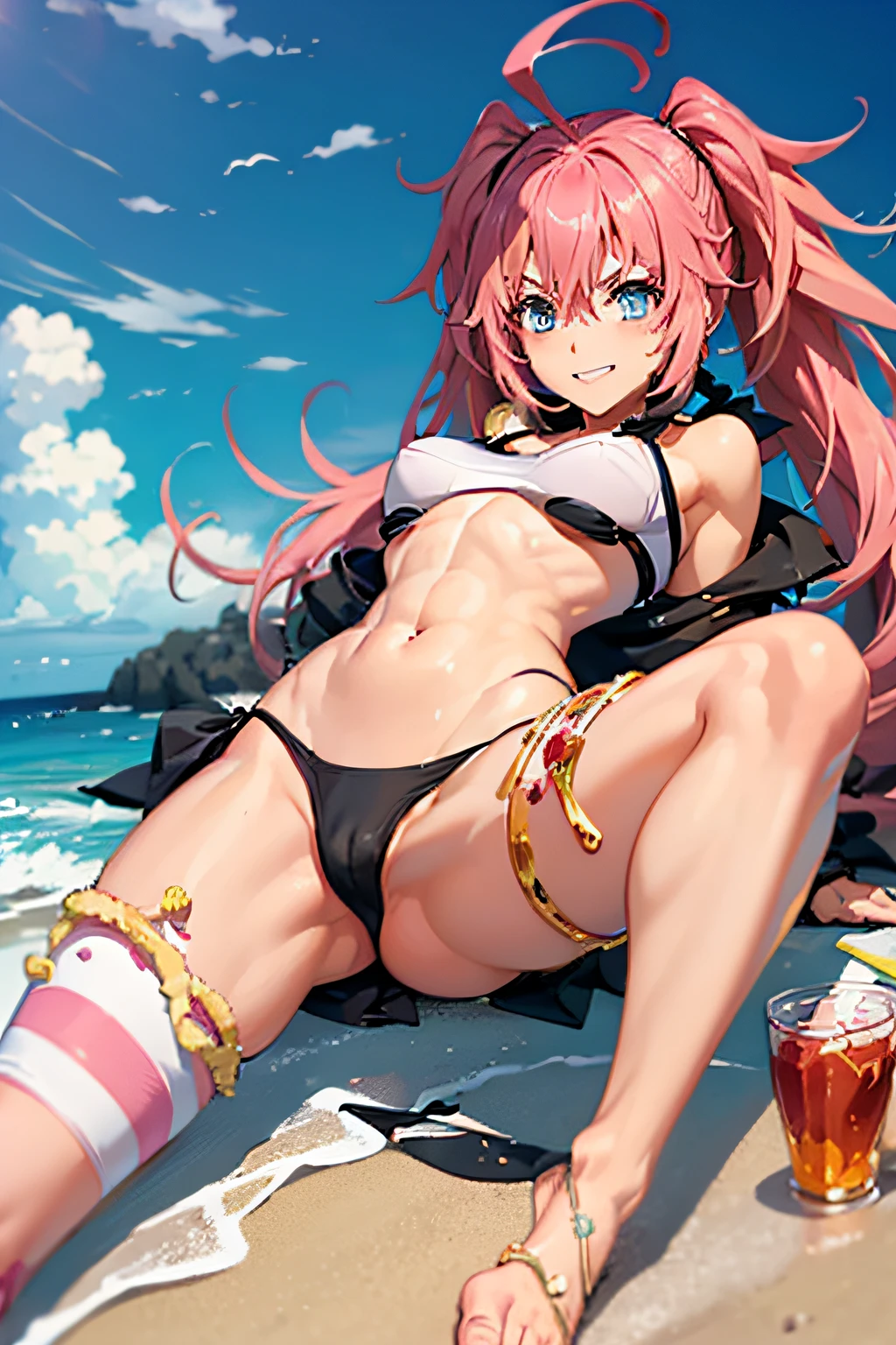 ((female)), (very messy hair), (sensual look), fangs, ((ripped abdomen)), toned arms and legs, small ???????, excessive sweating, (summer beach scene), blue eyes, yacht at background, high quality, 8k, faithful to the original, ((lying on the beach showing her legs))