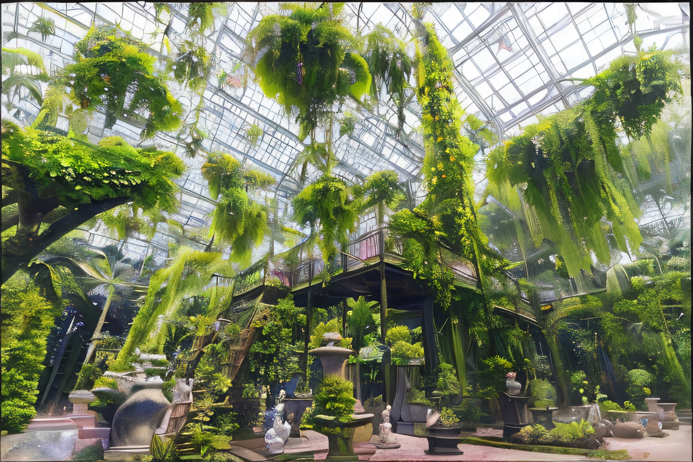 a close up of a group of statues in a garden, cloud forest, all growing inside an enormous, huge greenhouse, hanging gardens, adorned with all kind of plants, lush gardens hanging, vegetal architecture, over grown botanical garden, inside an alien jungle, in bloom greenhouse, rich greenery, large plants in the background, standing in a botanical garden, biodome