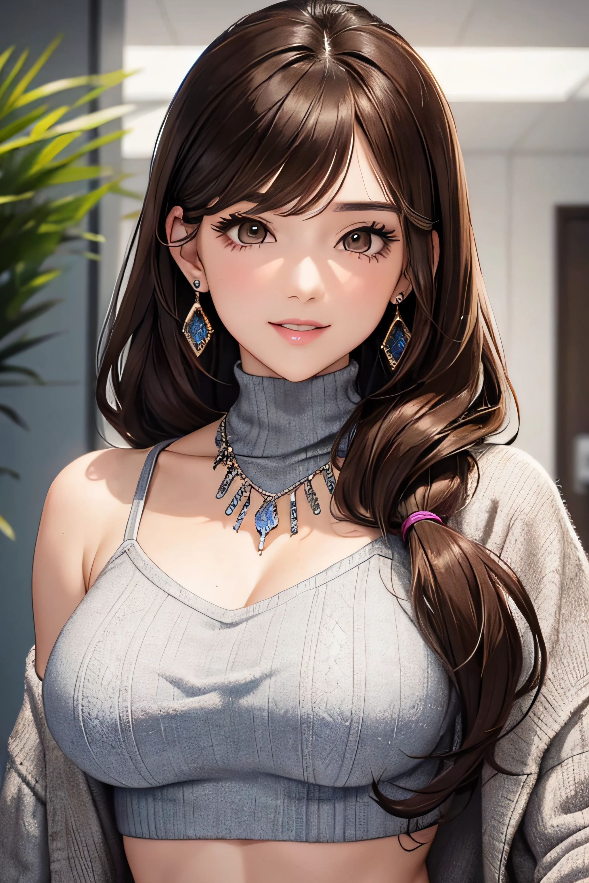(1 photo from the front)Winter clothes, beautiful face, Highly detailed face and skin texture, (fine eyes), brown eyes, double eyelid, thin eyebrows, glitter eyeliner: 1.2, natural cheeks, glowing skin, Fair skin: 1. 2, shiny necklace and earrings, (glossy lips: 1. 4), (enchanting smile), (20-year-old), (high ponytail, wavy hair, brown hair, diagonal bangs), medium long hair, ((upper body shot)), (focus on chest and face), medium big breasts, swollen chest.