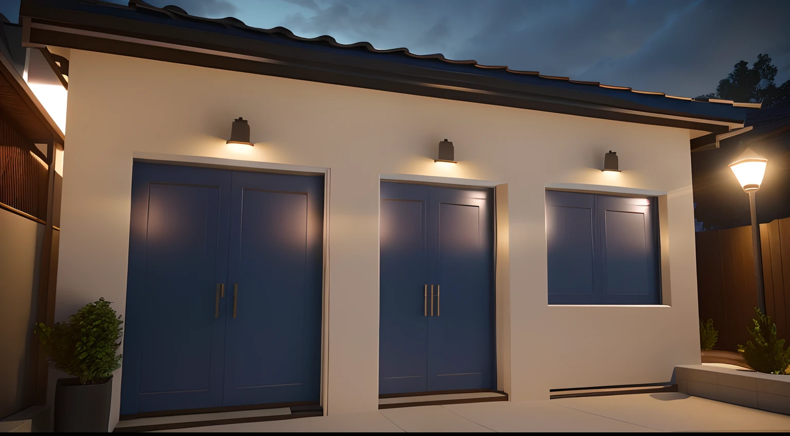 There are two maroons doors on the side of a building, rendered lighting, render 3d bem iluminado, Renderizado no Lumion Pro, 3 d render mesmo aceso, with photorealistic lighting, cinematic outdoor lighting, Hyper realistic lighting, volumetric evening lights, photo-realistic low lighting, cinematic accent lighting, renderizado em lumion, night time render, soft filtered outdoor lighting