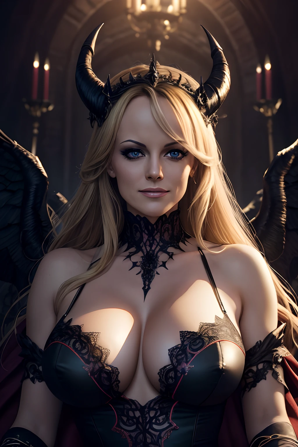 ultra detailed Stormy Daniels as Satan sur le Trone de l'enfer, Realistic detailed eyes, diable, Robe noire et rouge, demon wings, Demon horn, Context of the chaos of hell and destruction, Evil queen, looking straight at camera, smiling with contempt on his face, longs ongles noirs, Shaded illustration of a high-quality cell in hell, corps entier, pose dynamique, anatomie parfaite, centered, Freedom, soul, Approche de la perfection, Ombrage de cellule, 8k , Cinematic dramatic atmosphere, Water color painting, Illumination globale, detailed and intricate environment, ArtStation, Art conceptuel, mise au point fluide et nette, volumeric lighting, lighting cinematic