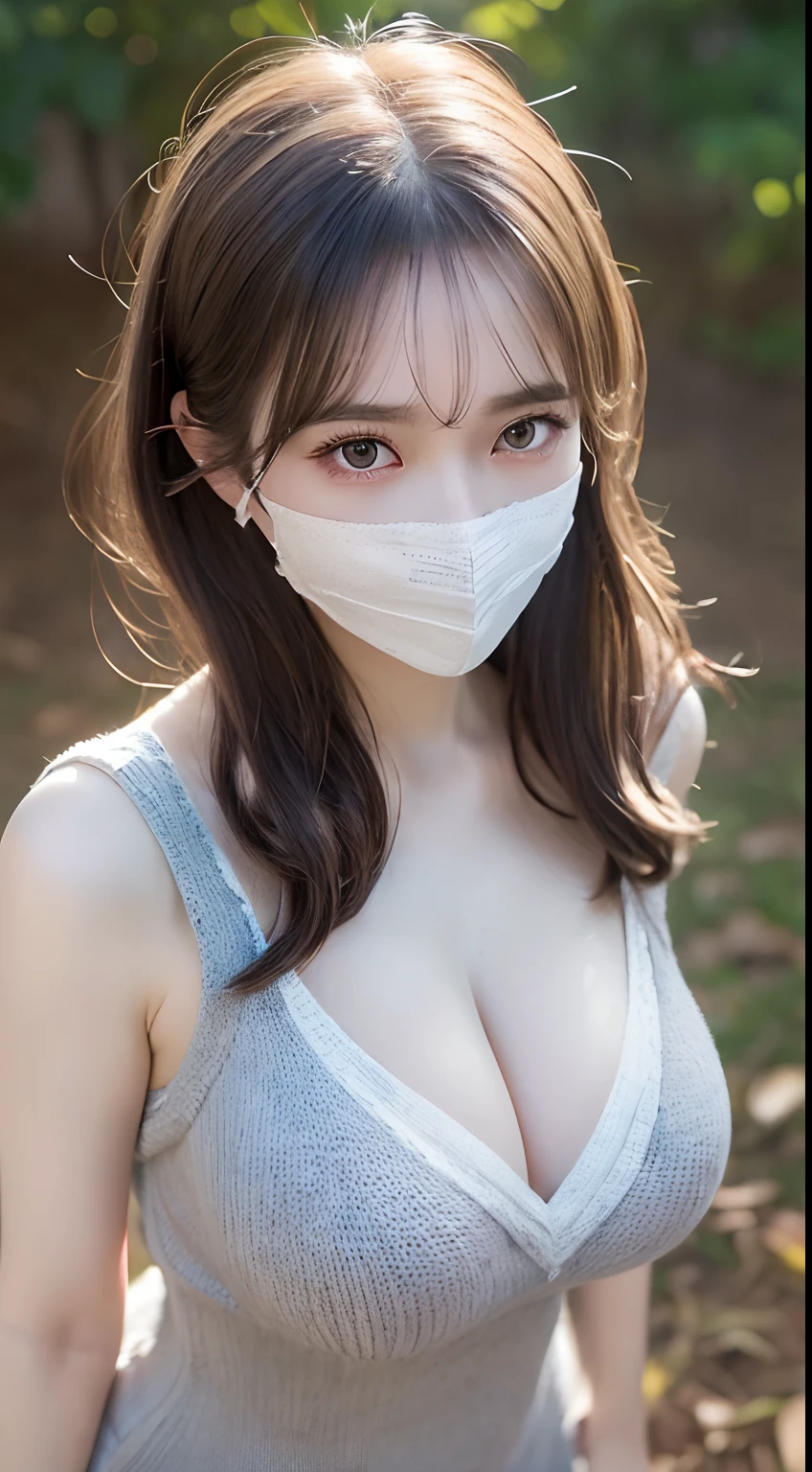 (8K, Raw-Photo, Photorealistic:1.25), masutepiece, Best Quality, Illustration, Ultra-detailed, delicate detail, Hight Resolution, 8K wallpaper, Perfect dynamic composition, Beautiful detailed eyes, Natural Lip, (Sexy grey knit dress:1.3), (((Huge breasts :1.2, and droopy breasts:1.1))), cleavage, perfect shiny skin, prefect skin, (((shiny white skin))), moist lips, Innocent Big Eyes, Detailed Eyes, walking, (from above:1.2), (wearing mask:1.2)