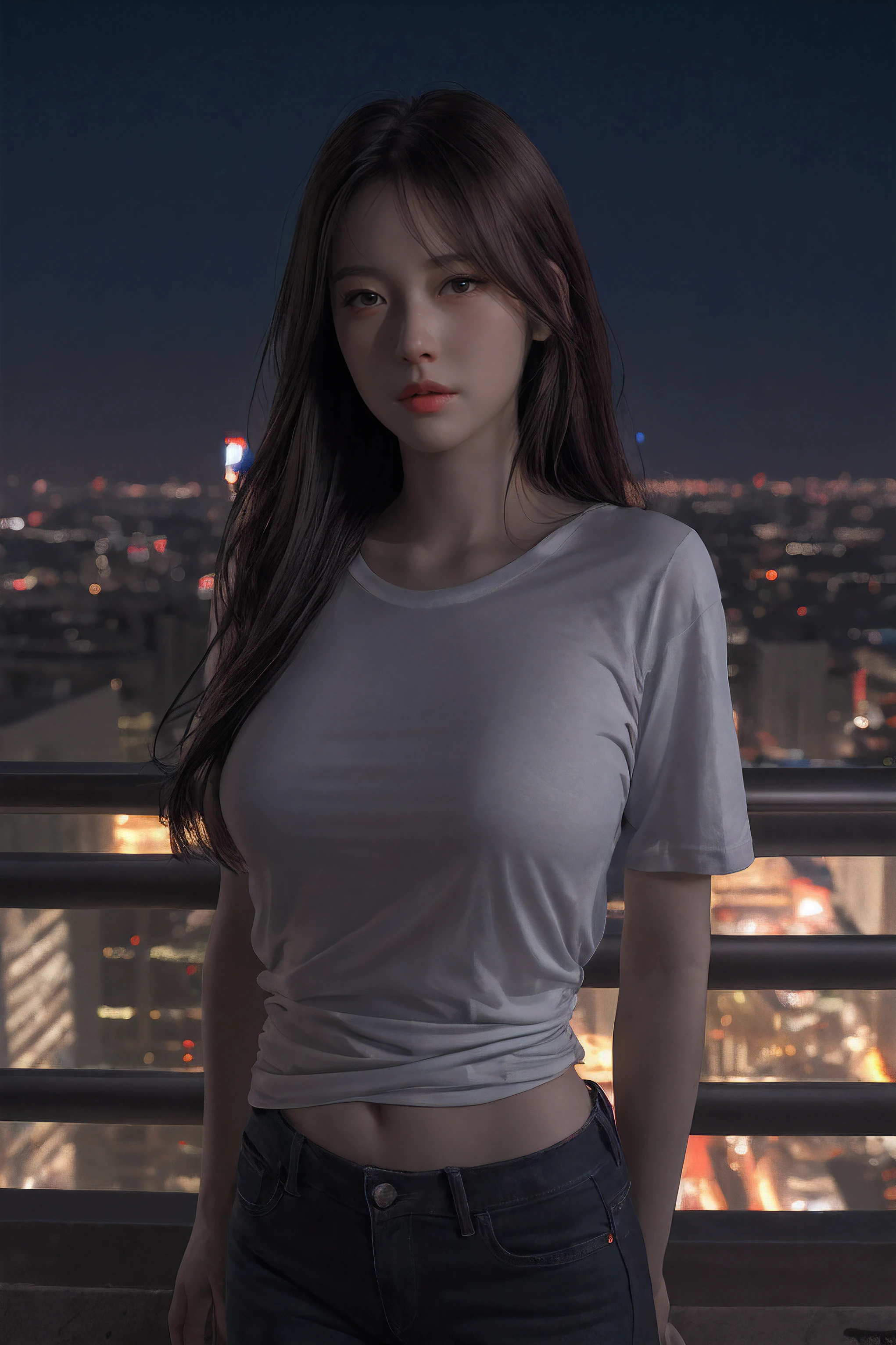 Raw, cinematic shot, (sharp focus:1.5), (photorealistic:1.4), twilight lighting, volumetric lighting, ultra high res, 16K,dramatic lighting, Midnight, Whole body, Long legs, Sharp focus :1.2, A pretty woman with perfect figure :1.4, Slender abs :1.1, (Dark brown hair,Gigantic breasts :1.2), (White tight tshirt, Standing:1.2), (Night city view, Rooftop:1.3), Highly detailed face and skin texture, Detailed eyes, Double eyelid, Light penetrates the hair,