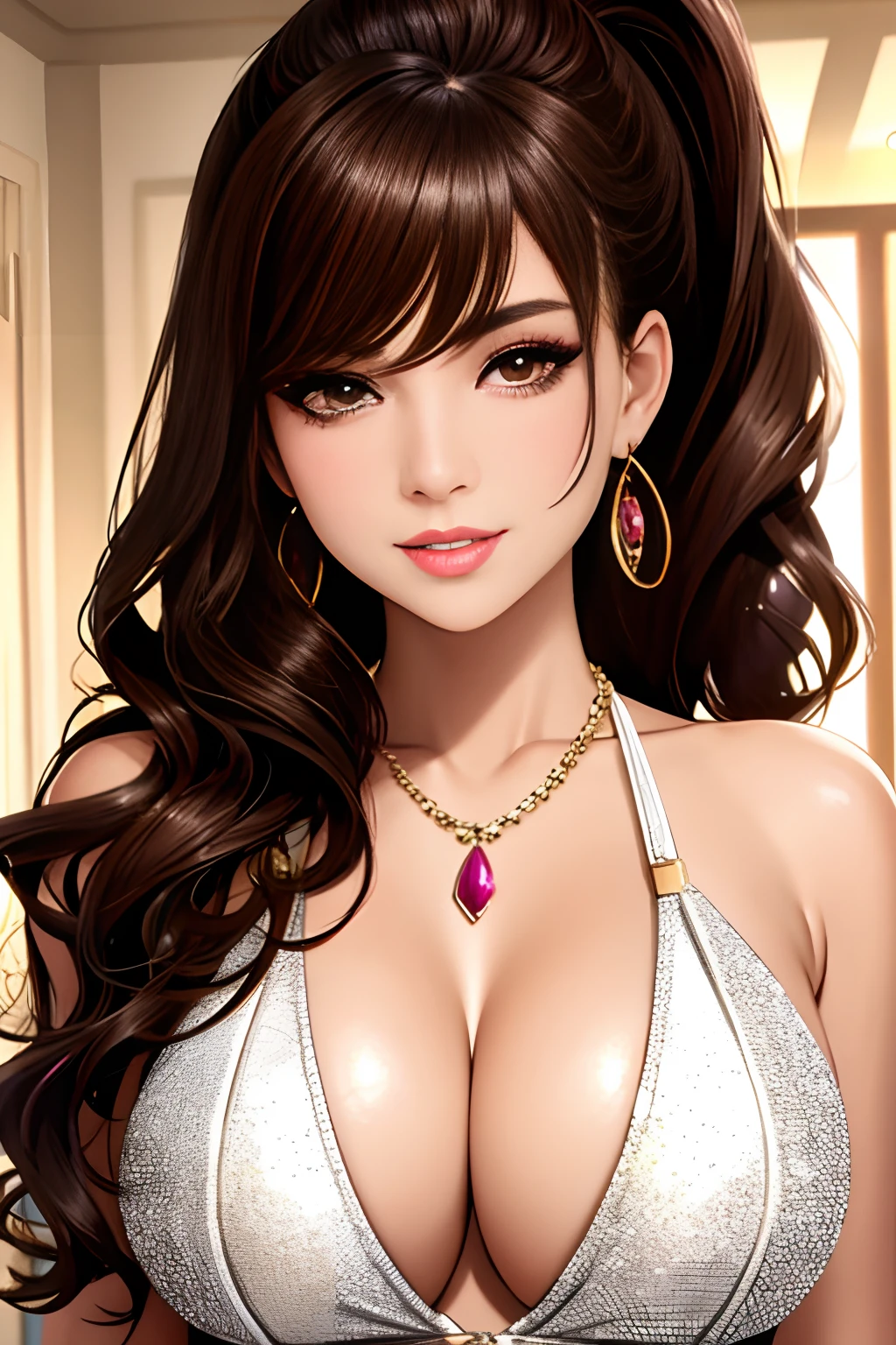 (1 front photo), Beautiful face, Highly detailed face and skin texture, (Detailed eyes), Brown eyes, Double eyelids, Fine eyebrows, Glitter Eyeliner: 1.2, Natural cheeks, Shiny skin, bright skin: 1.2, shiny necklace and earrings, (shiny lips: 1. 4), (Seductive smile), (20 years old), (High Ponytail, Wavy Hair, Brown hair, oblique bangs), Medium Long Hair, ((upperbody shot)), (Focus on chest and face), medium large breasts, perky breast.