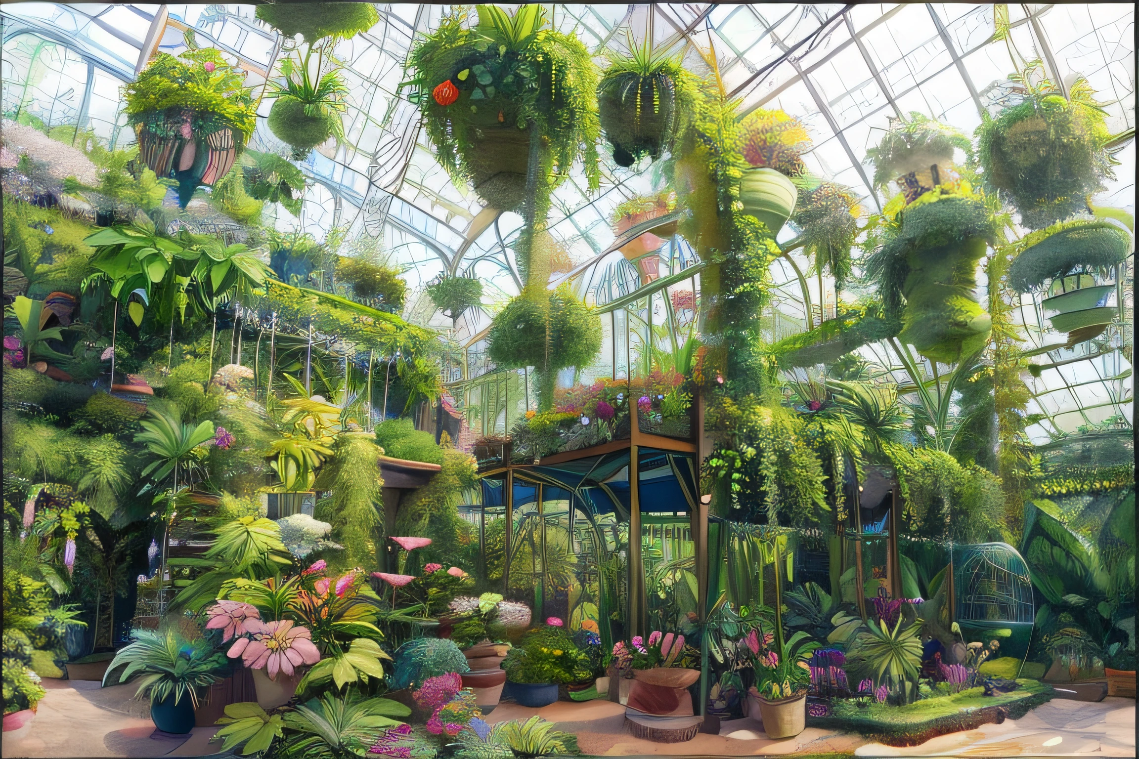 a close up of a group of statues in a garden, cloud forest, all growing inside an enormous, huge greenhouse, hanging gardens, adorned with all kind of plants, lush gardens hanging, vegetal architecture, over grown botanical garden, inside an alien jungle, in bloom greenhouse, rich greenery, large plants in the background, standing in a botanical garden, biodome