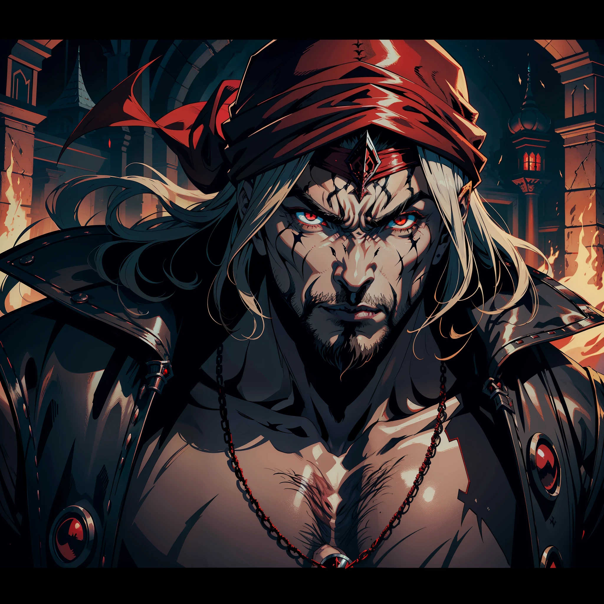 Castlevania Hyper Realistic Shadow Lord Super Detailed Dynamic Shooter Master of Lord Dracula Medieval Arab Warrior with Red Turban Scary Face Hokuto No Ken Structure Muscular Face Kenshiro Out of Hell with His Army of Demons