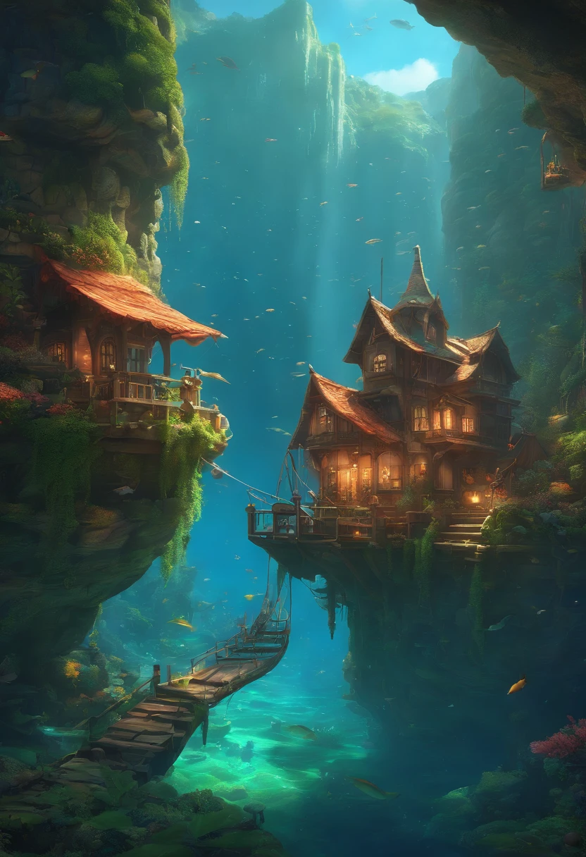 Color (Fantasy: 1.2), (Hayao Miyazaki style), (irregular building floating under the sea), patchwork cottages, Moss decorations, coral, lights, concept art inspired by Andreas Rocha, Artstation contest winner, Fantasy art, (underwater city), ross tran, light shafts, realistic lighting, masterpiece, high quality, beautiful graphics, high detail, masterpiece, high quality, beautiful graphics, high detail, --v6