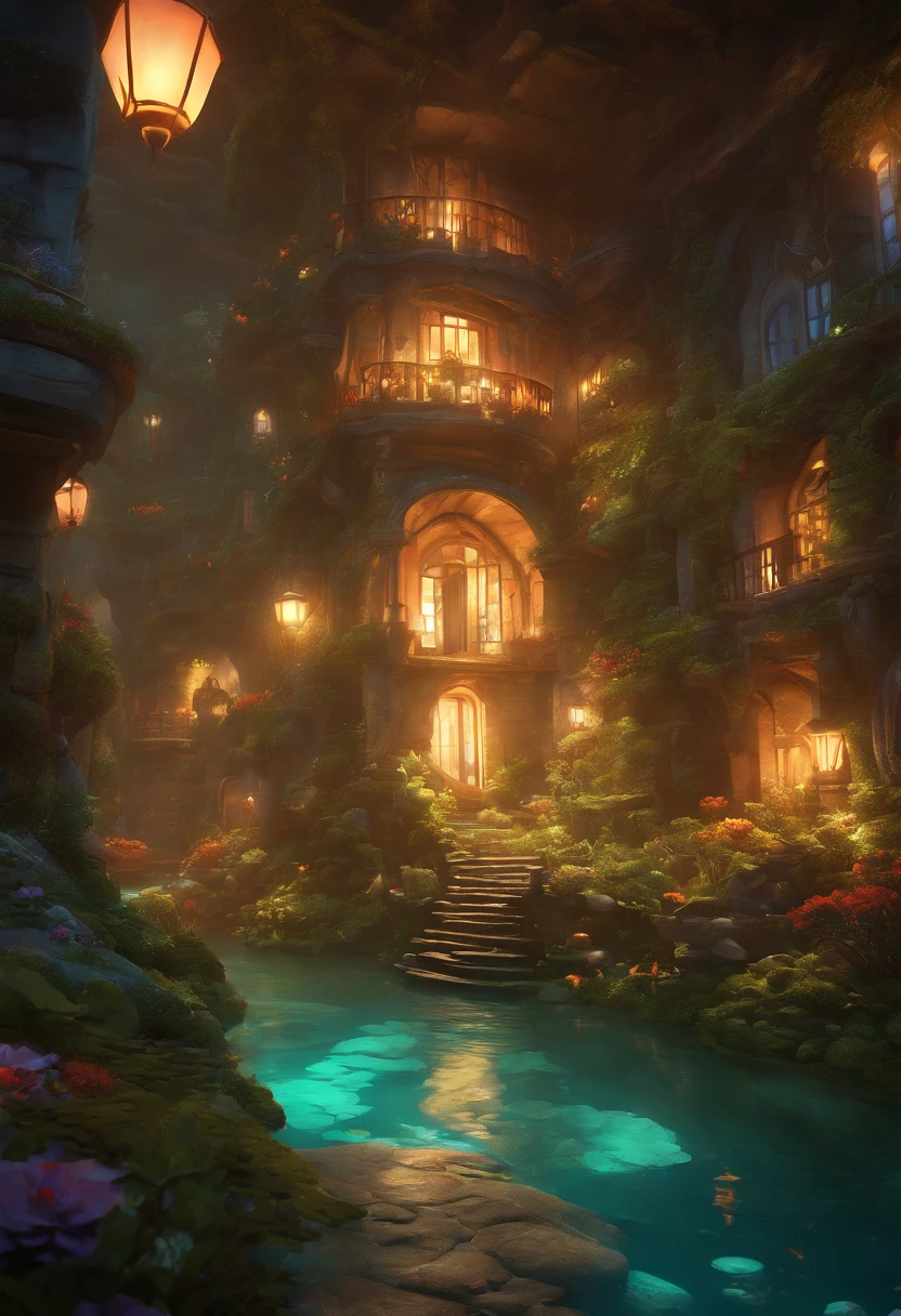 Color (Fantasy: 1.2), (Hayao Miyazaki style), (irregular building floating under the sea), patchwork cottages, Moss decorations, coral, lights, concept art inspired by Andreas Rocha, Artstation contest winner, Fantasy art, (underwater city), ross tran, light shafts, realistic lighting, masterpiece, high quality, beautiful graphics, high detail, masterpiece, high quality, beautiful graphics, high detail, --v6