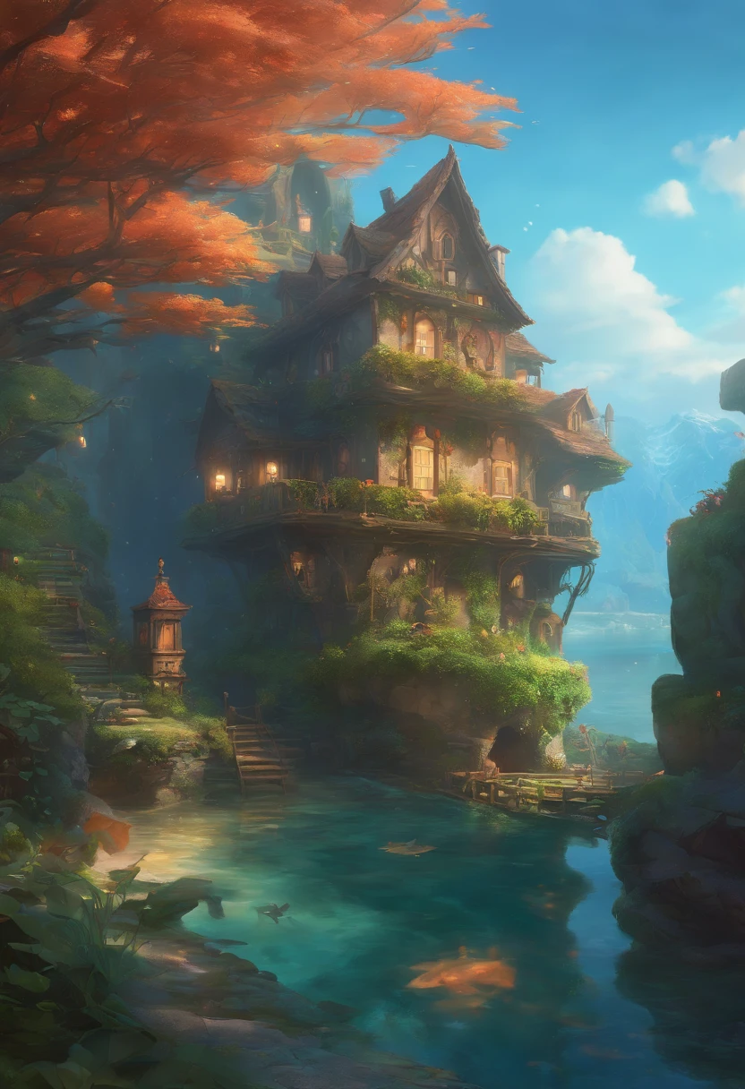Color (Fantasy: 1.2), (Hayao Miyazaki style), (irregular building floating under the sea), patchwork cottages, Moss decorations, coral, lights, concept art inspired by Andreas Rocha, Artstation contest winner, Fantasy art, (underwater city), ross tran, light shafts, realistic lighting, masterpiece, high quality, beautiful graphics, high detail, masterpiece, high quality, beautiful graphics, high detail, --v6