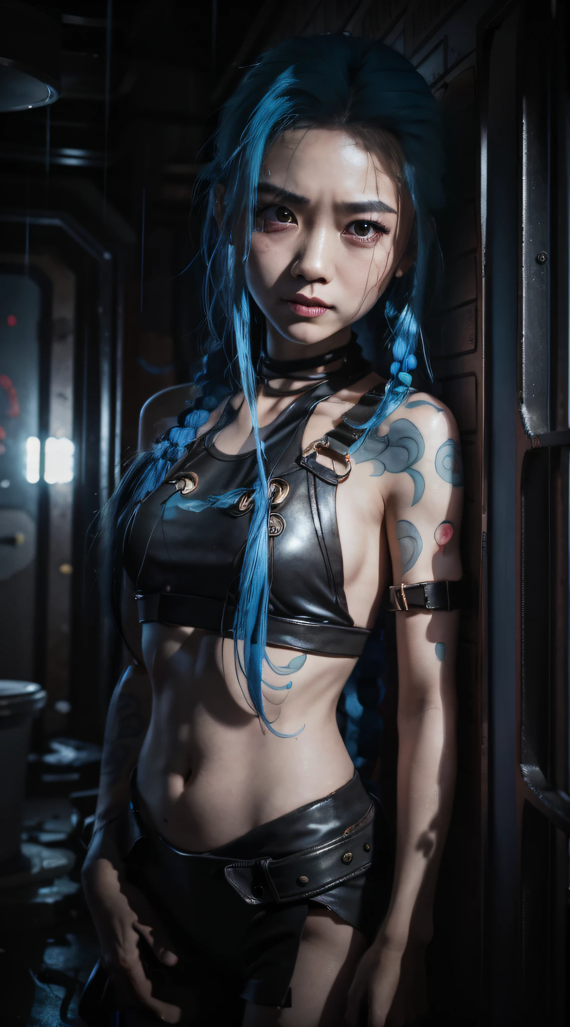 Jinx，Jinx blue hair，（Cinematic tones）（The film uses cool colors of blue and gray）（Wet clothes：1.9）,（Get wet all over your body：1.9）,Top image quality, tmasterpiece, 超高分辨率, （Fidelity：1.4）, stunningly beautiful woman, （Deeply condolences）, , dim murky lights, shadowy, Desperate, Pity, Pathetic, Cinematic, Tears, tear drop, , Real rain, wetting hair,. Surprising crying, Clear white skin,  There are scratches everywhere, Dirty face,  White skin,  Smooth skin, Surprisingly realistic pictures, 8K high quality medium dark illumination, High detail, Detail Eye, Detal Face,