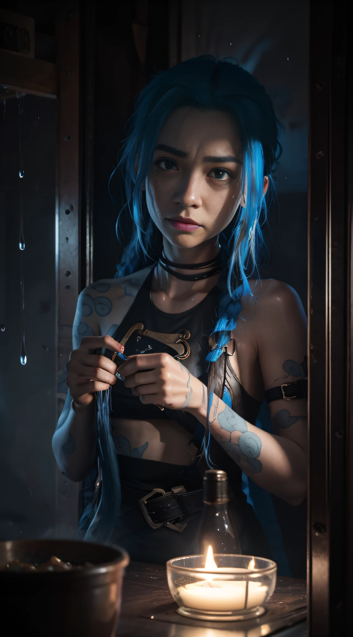 Jinx,Jinx blue hair,(Cinematic tones)(The film uses cool colors of blue and gray)(Wet clothes:1.9),(Get wet all over your body:1.9),Top image quality, tmasterpiece, 超高分辨率, (Fidelity:1.4), stunningly beautiful woman, (Deeply condolences), , dim murky lights, shadowy, Desperate, Pity, Pathetic, Cinematic, Tears, tear drop, , Real rain, wetting hair,. Surprising crying, Clear white skin, There are scratches everywhere, Dirty face, White skin, Smooth skin, Surprisingly realistic pictures, 8K high quality medium dark illumination, High detail, Detail Eye, Detal Face,