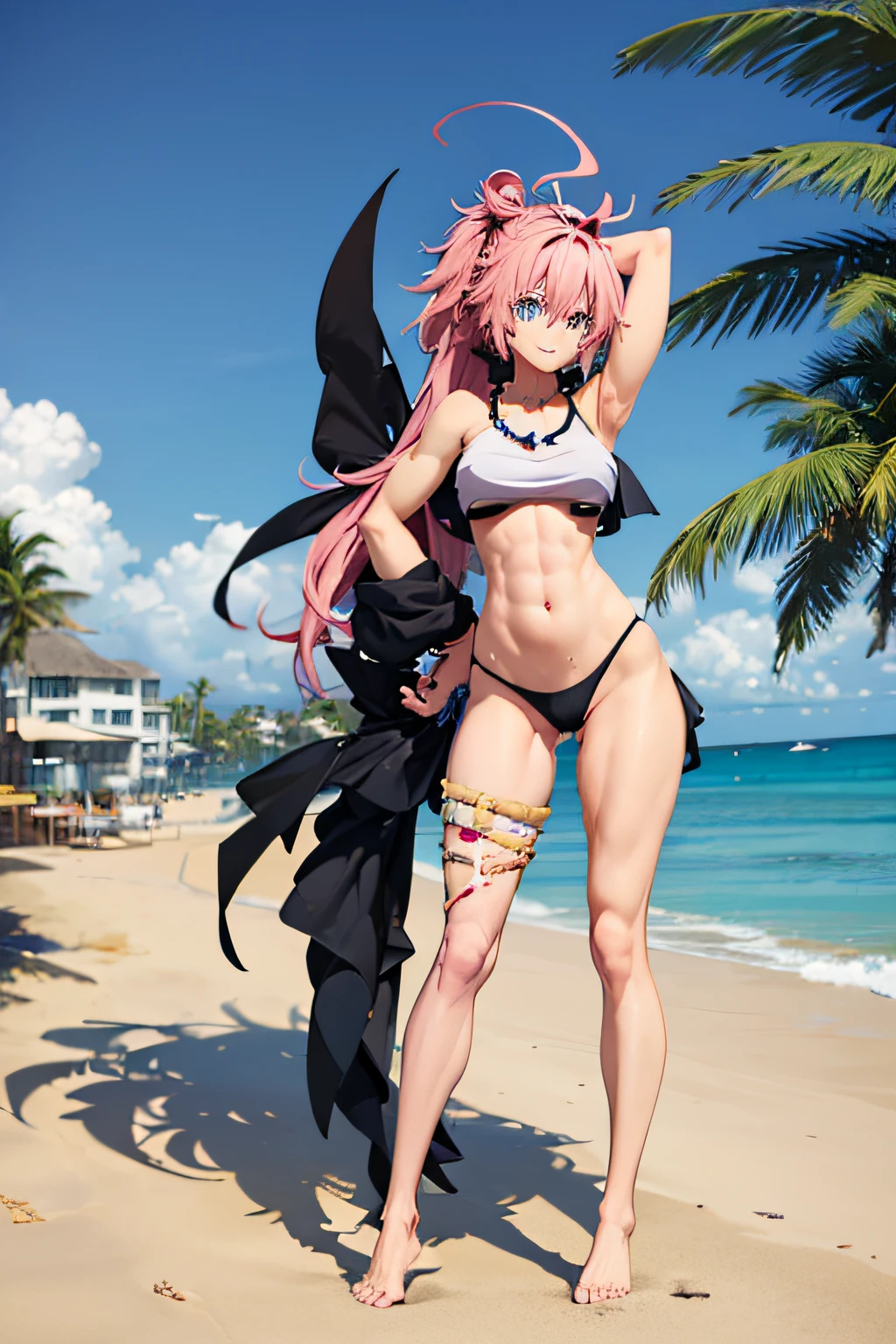 ((female)), (very messy hair), (sensual look), fangs, ((ripped abdomen)), toned arms and legs, small breasts, excessive sweating, (summer beach scene), blue eyes, yacht at background, high quality, 8k, faithful to the original, ((full body photography)) very well done feet, very well done hands