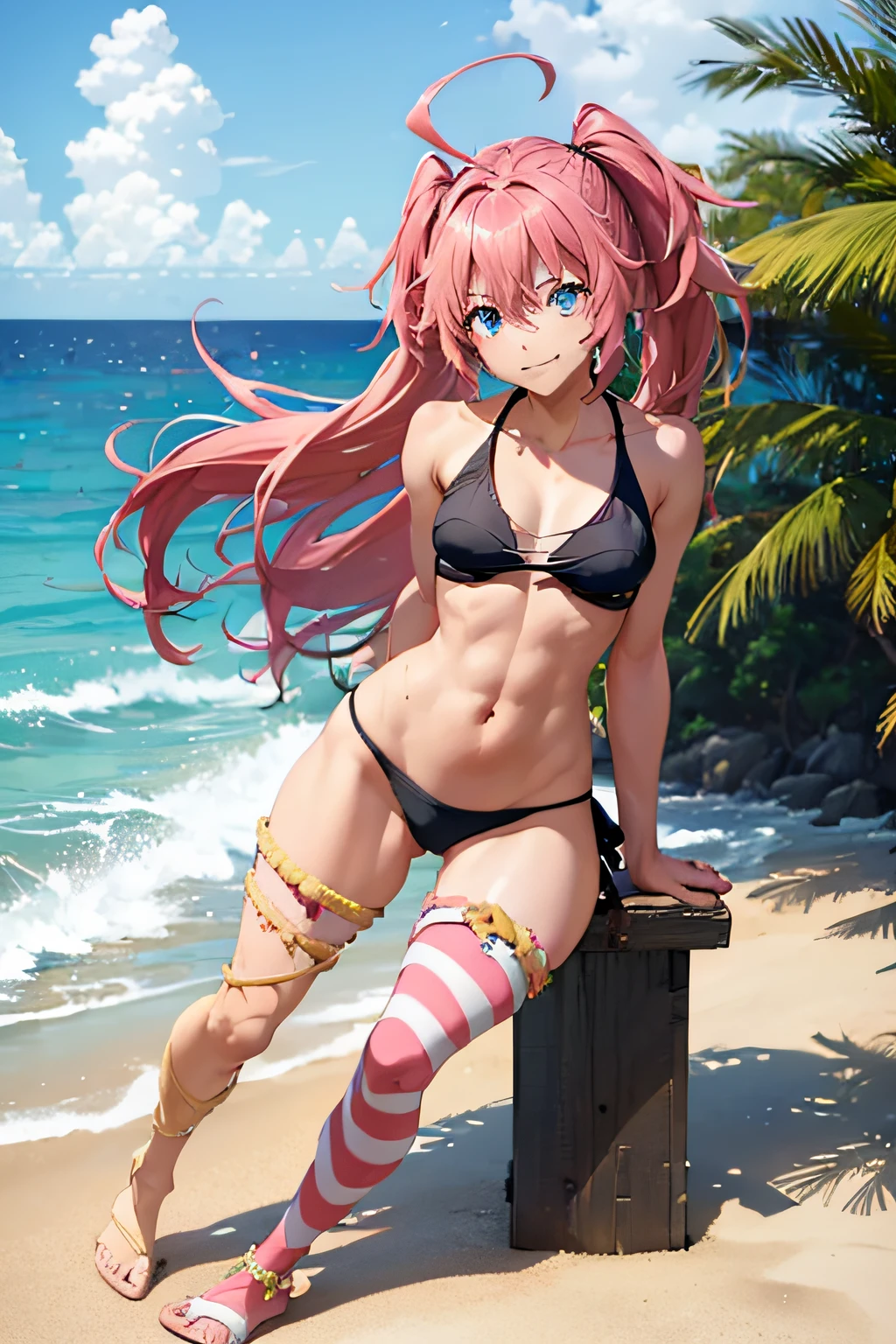 ((female)), (very messy hair), (sensual look), fangs, ((ripped abdomen)), toned arms and legs, small breasts, excessive sweating, (summer beach scene), blue eyes, yacht at background, high quality, 8k, faithful to the original, ((full body photography)) very well done feet, very well done hands
