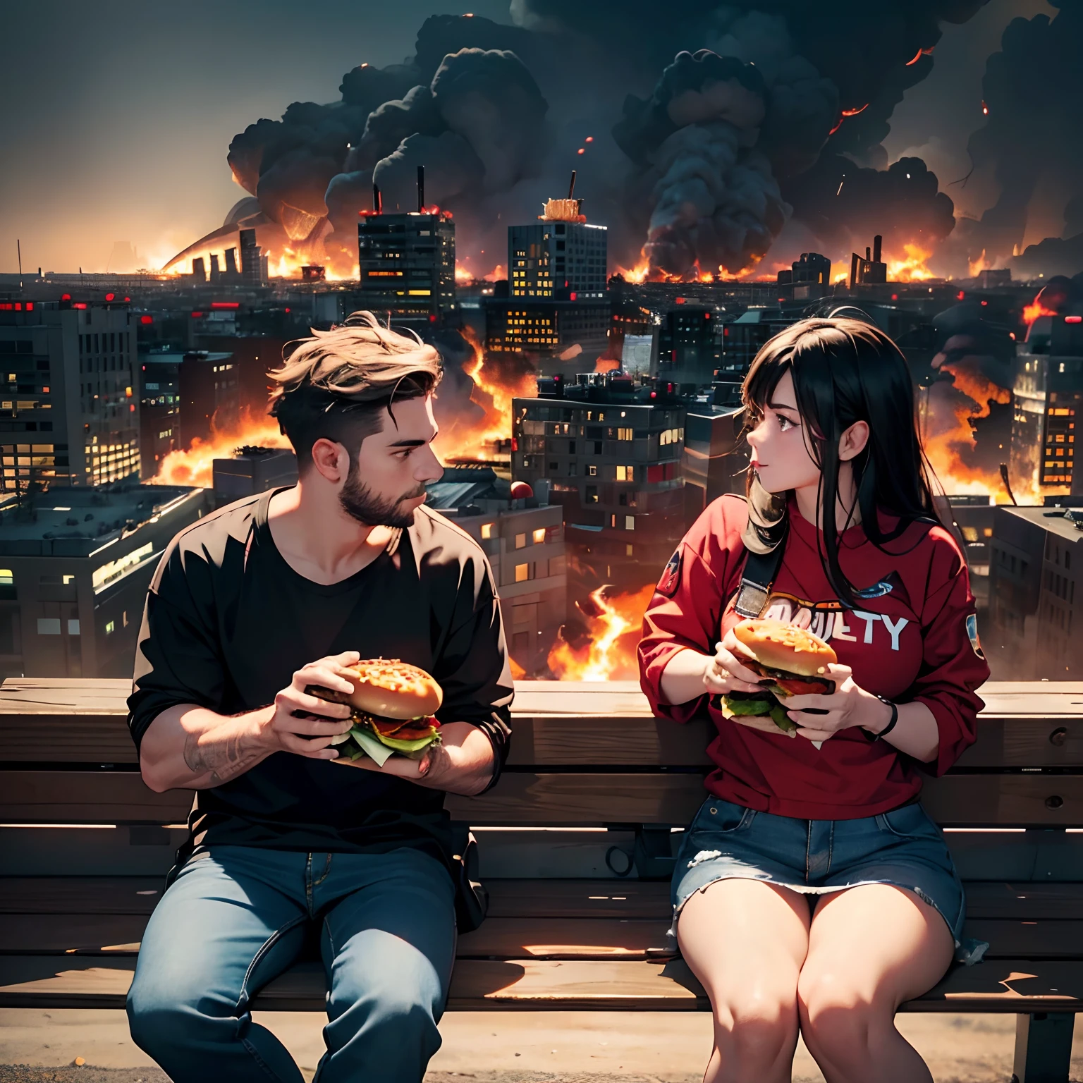 A couple enjoying fast food sitting on a construction beam, looking away, burning and smoking city in background, cinematic lighting, ((burning city:1.6)), Masterpiece, best quality, highres, detailed, realistic, high angle shot,apocalyptic, casual clothes, attractive people, nice conversation, friendly, 8k wallpaper, (eating burgers and fries and soda)