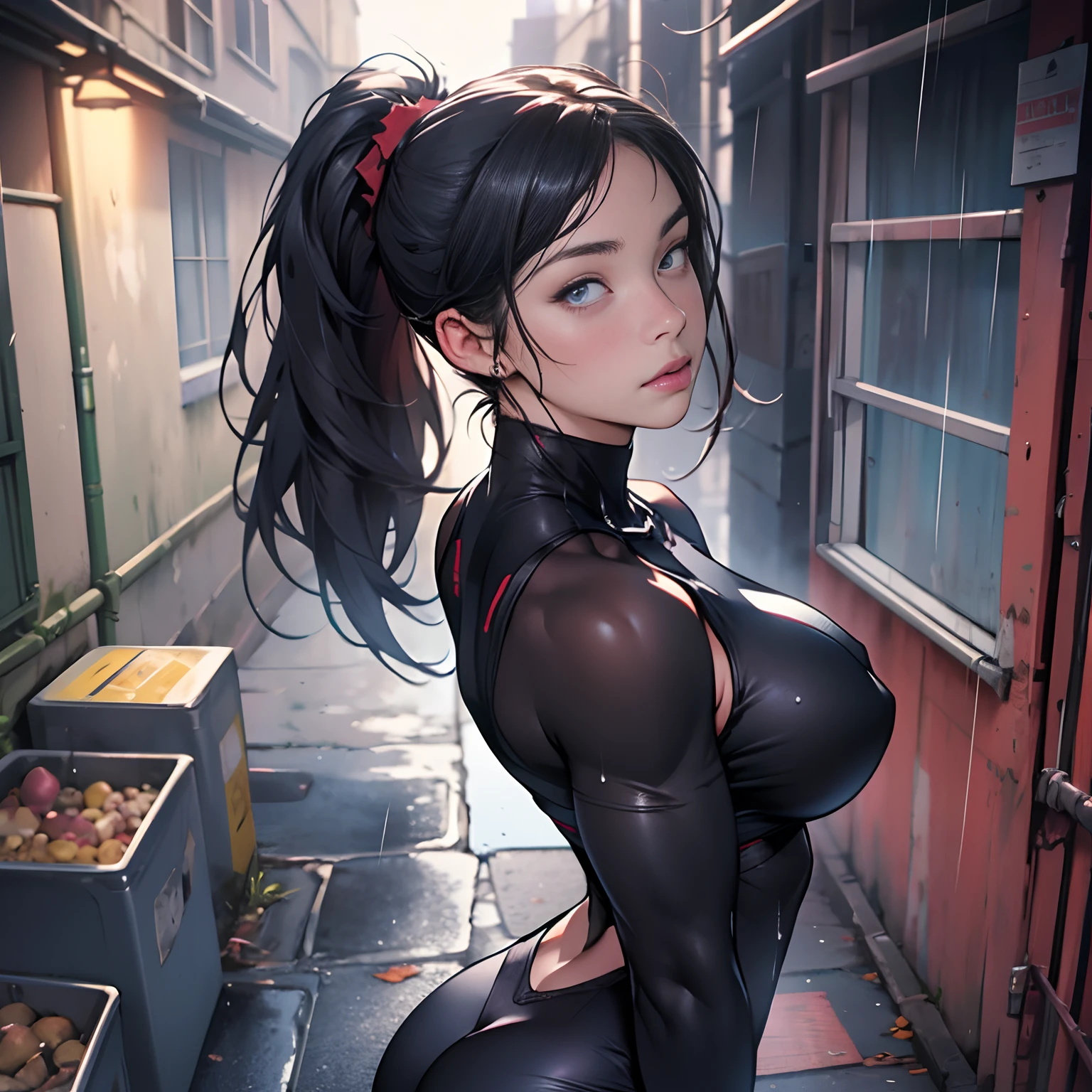A 19-year-old girl wearing a black tights stands in front of a group of male prisoners, Dark blue ponytail, Height 165 cm, huge tit, Buttock augmentation, Fitness model, A shy and nervous expression, Ruddy cheeks, Wheezing, perspire, The whole body is drenched, The prisoners looked at her intently, Fall into a dimly lit alley, It was raining heavily, Top quality, Photo realism, tmasterpiece, full body pov, Look up from a low place, 32K, Best quality, Masterpiece, Super detail, High details ,
