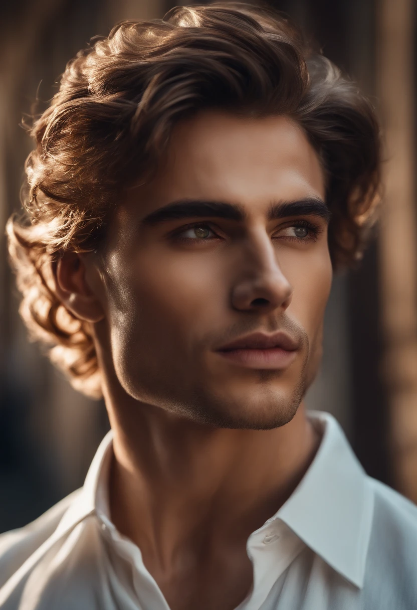 photographie, Perfection masculine, Strong Jawline, full lips, Nez aquilin, cheveux audacieux, Yeux noisette, hyper realistic, 8K --v 4