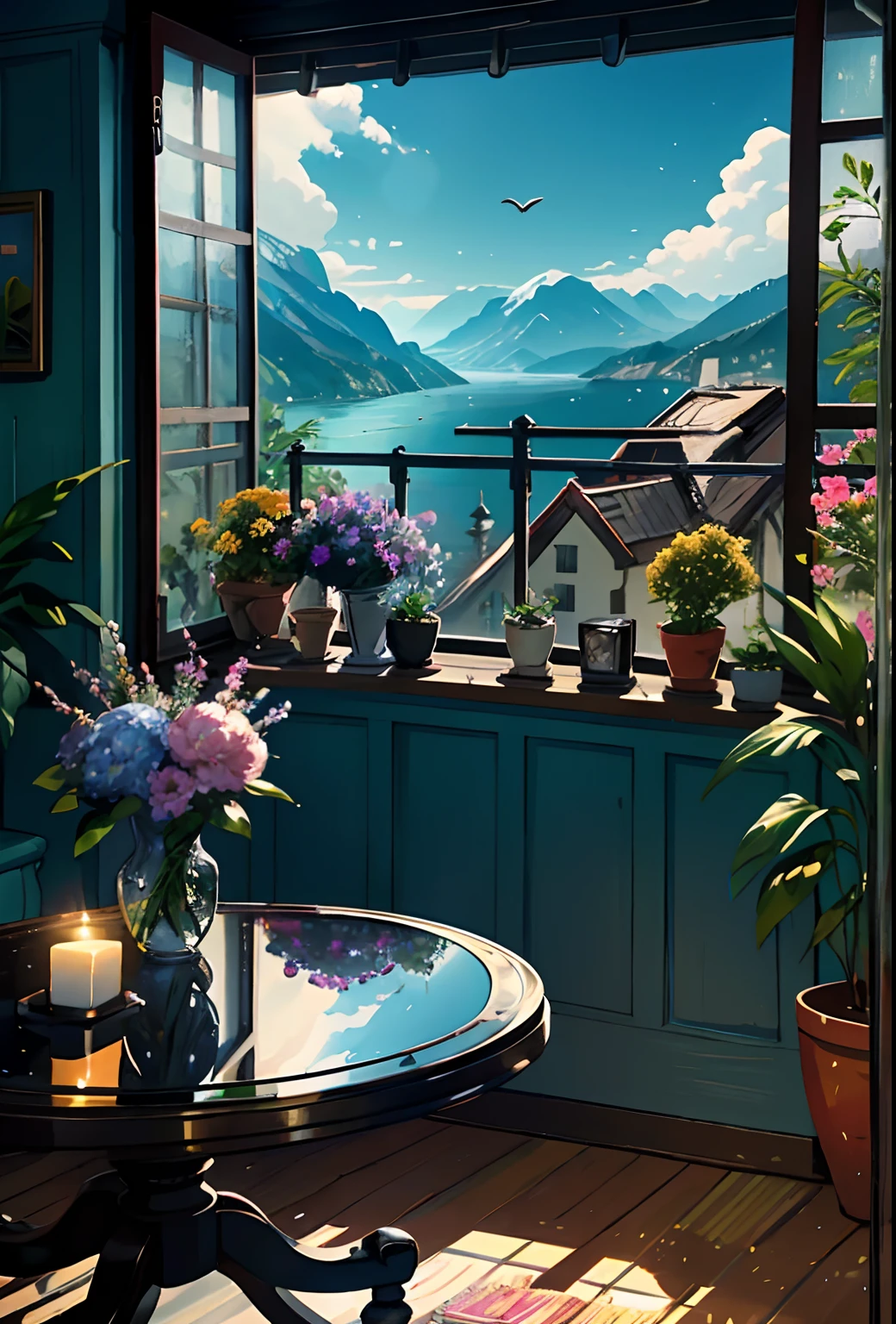 Car, wet road, Terrace studio, huge, plants in pots, flowers in a vase, figurines, rocking chair, birds, cat, expensive and cozy interior, creative workshop, décor, Cozy artist's workshop, easel, color palette, acrylic paints, paintings, large windows, loggia, art, awards, table, sofa, armchairs, mirror, crystals, meditation, harmony, many books on the walls, paintings on the walls, view from the window, sea,  mountains, amazing sunset, floral arrangements, paints, brushes, artist's theme, graceful, dynamic bright lighting, happiness, full color, multicolored, artificial, highest detail, super quality, fine details, highlights, neon lights, masterpiece, best colors