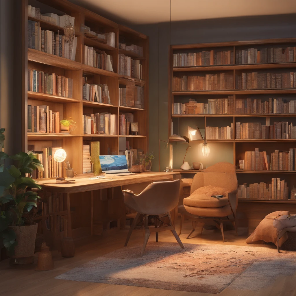 a girl standing in front of a wooden bookshelf with three-dimensional projection,multiple layered,detailed wood material,thousands of meticulously crafted books,exquisite carvings on the shelves,a cozy reading corner with a comfortable armchair and a soft throw blanket,an elegant reading lamp casting a warm light,an open book in the girl's hands,mid-century modern design with a touch of vintage charm,a soothing color palette consisting of warm browns and muted greens,a magical atmosphere with floating book pages and swirling dust particles,impeccable attention to detail with every book spine and page visible,creating a sense of depth with the three-dimensional projection,an inviting space that inspires imagination and encourages exploration,stunning photorealistic rendering bringing the scene to life,high-resolution image capturing every intricate detail.