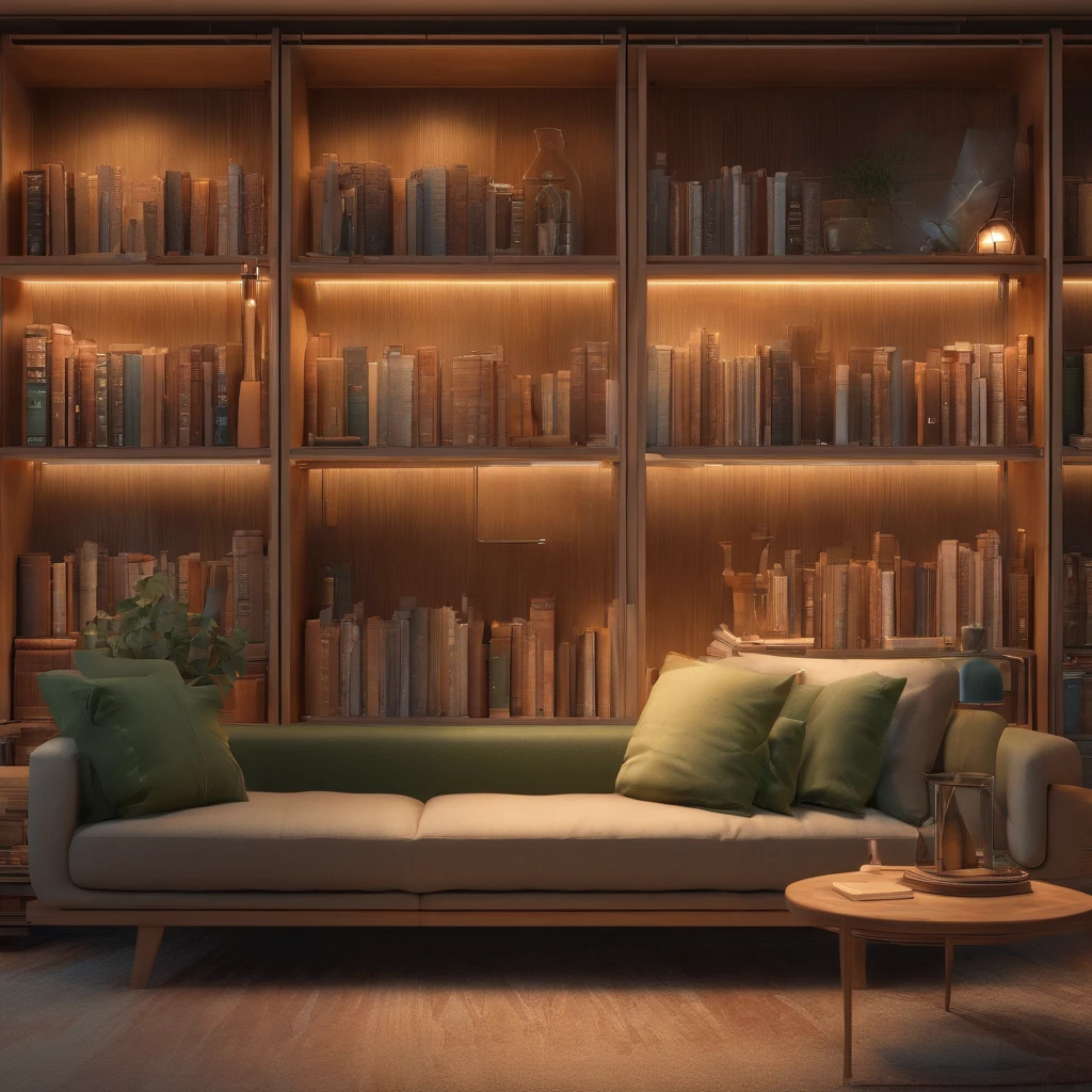 a girl standing in front of a wooden bookshelf with three-dimensional projection,multiple layered,detailed wood material,thousands of meticulously crafted books,exquisite carvings on the shelves,a cozy reading corner with a comfortable armchair and a soft throw blanket,an elegant reading lamp casting a warm light,an open book in the girl's hands,mid-century modern design with a touch of vintage charm,a soothing color palette consisting of warm browns and muted greens,a magical atmosphere with floating book pages and swirling dust particles,impeccable attention to detail with every book spine and page visible,creating a sense of depth with the three-dimensional projection,an inviting space that inspires imagination and encourages exploration,stunning photorealistic rendering bringing the scene to life,high-resolution image capturing every intricate detail.