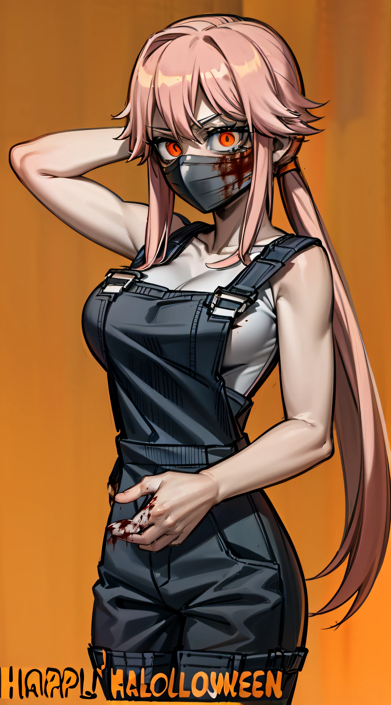 explicit, beautiful, amazing, ((high quality)), detailed background, a woman with large breast in a woods, 1girl, breasts , , , pink hair, large breasts, twintails, long hair, solo focus, mirai nikki, black choker, (dark grey overalls:1.5), leather gloves, black boots, ((face mask)), red eyes, chasing you through the woods, ((nigth)), crazy, ((crazy eyes)), ((crazy stare)) holding a bloody knife, (fanart of Gasai Yuno), (angry eyes:1.1), (perfect hands:1.5), (masterpiece), best quality, expressive eyes, VHS, ((nigth)), (Parfect Hand:1.6), 4k, 8k, 1980s, from below, (standing over you), wearing a jacket, (Blood:1.1), ((murderer)), (blood splatter:1.5), (Halloween:1.5)