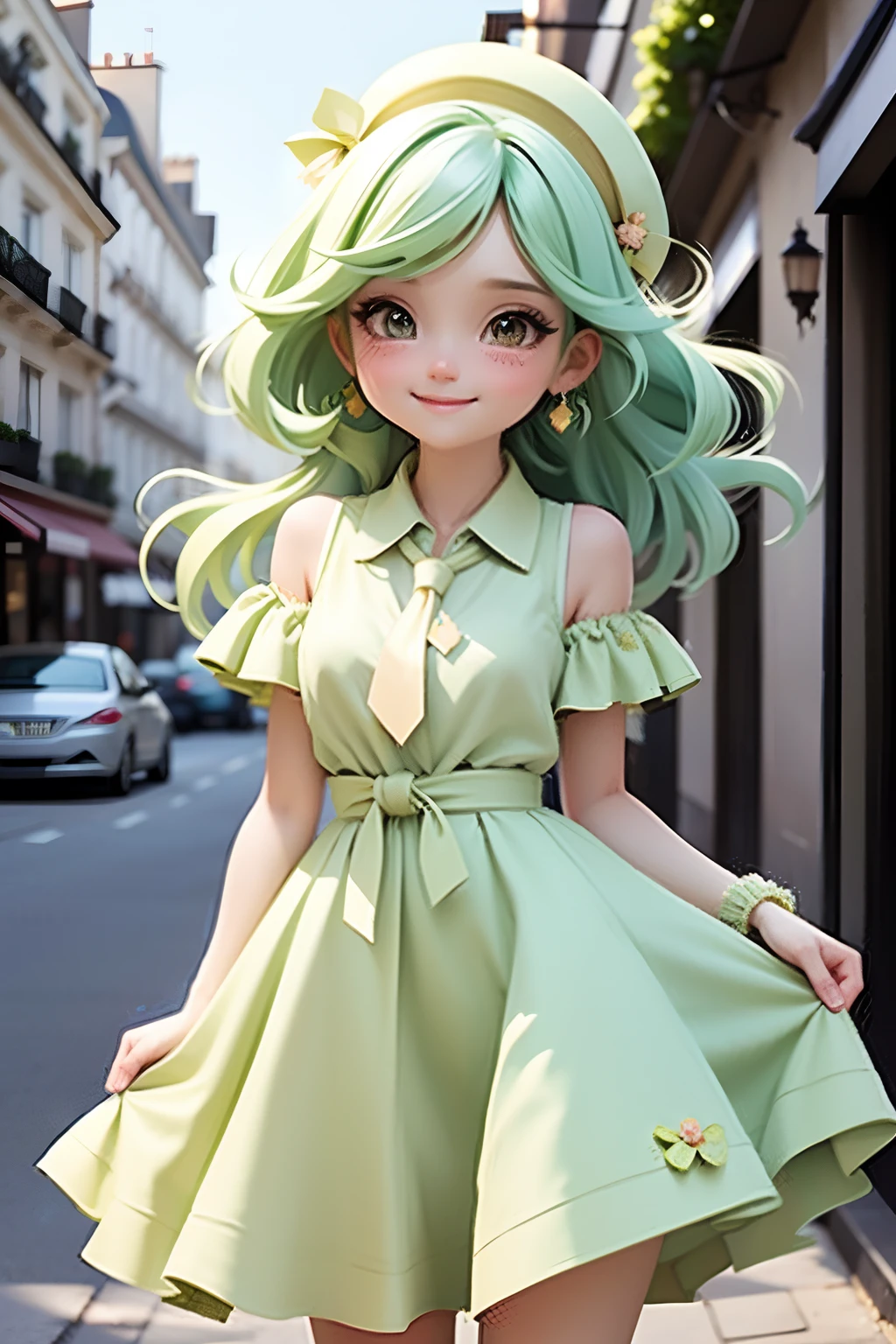 girl in princess long lime green dress, green lime hair. cute smile , cap, cute ribbons, necktie, paris city street with nice view background