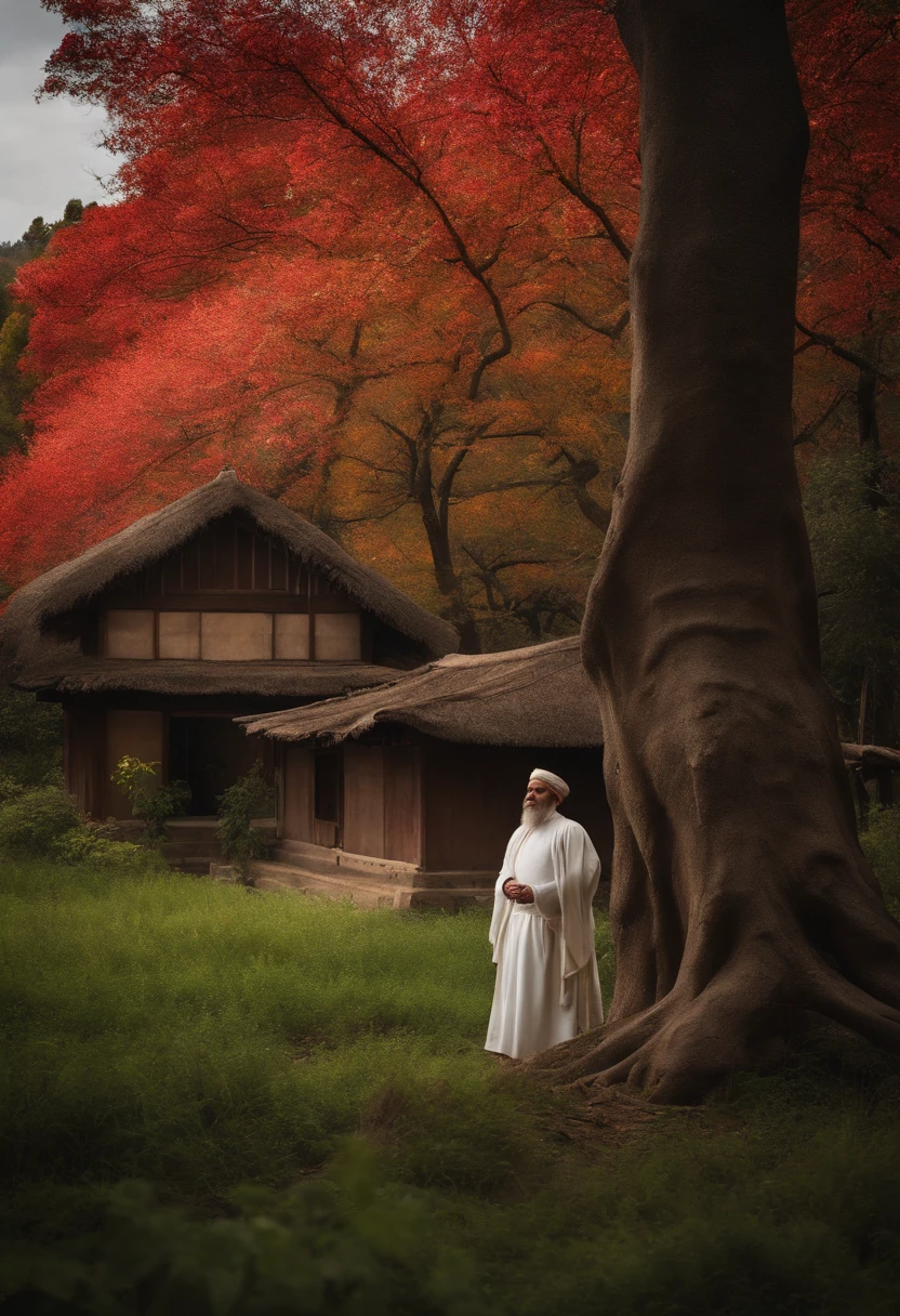 Anciano chino con pelo y barba blanca larga en el bosque y varias casas