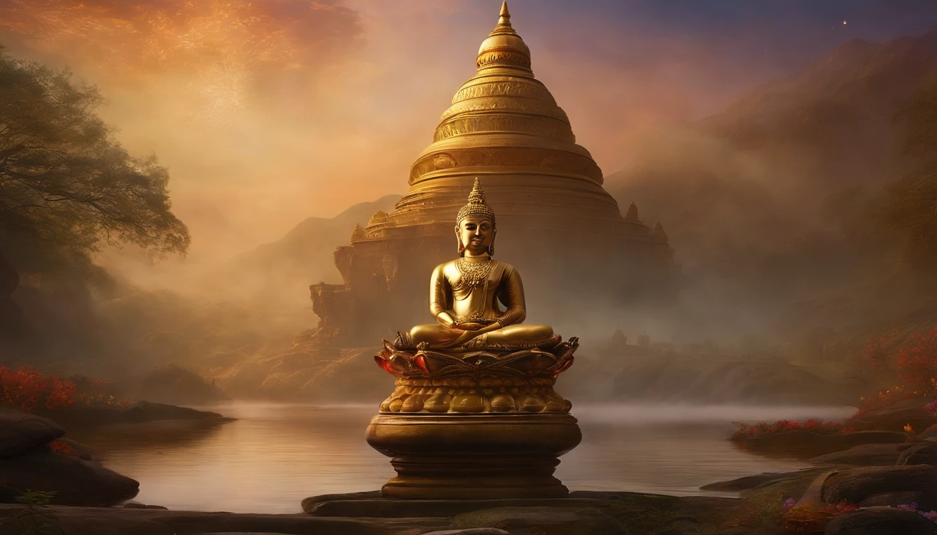 "British Artists、Inspired by John Martin's dramatic style　In mystical Vaisali, Vimalakirti offers alms to a radiant Buddha. Ethereal ambiance with glowing lotuses and sacred incense smoke. Vimalakirti in spiritual robes.."