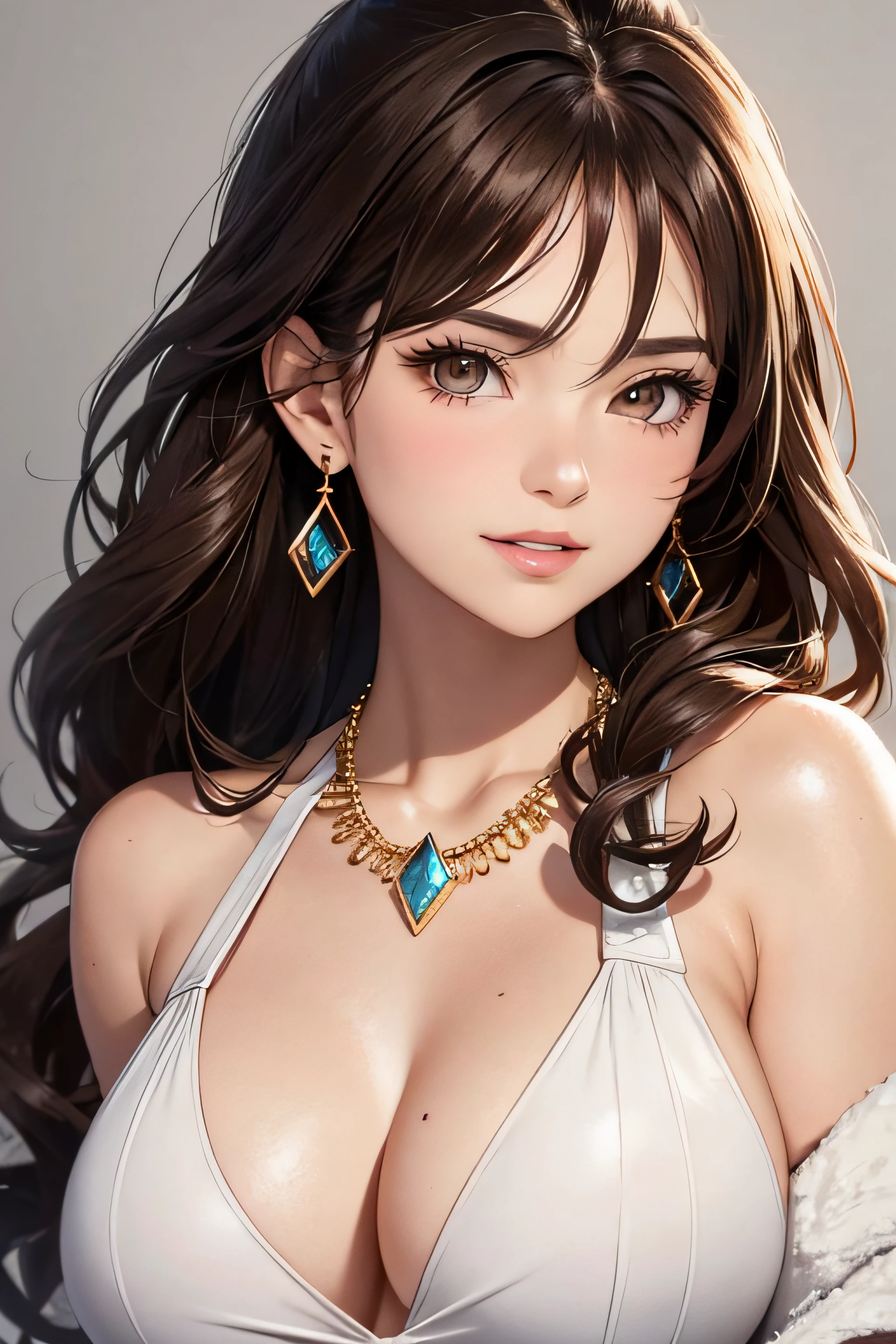 (One front photo)winter clothes, Beautiful face, Highly detailed face and skin texture, (Detailed eyes), Brown eyes, Double eyelids, Thin eyebrows, Glitter eyeliner: 1.2, Natural cheeks, Glowing skin, Fair skin: 1. 2, Shiny necklace and earrings, (Shiny lips: 1. 4), (Seductive smile), (20 years old), (High ponytail, Wavy hair, Brown hair, Diagonal bangs), Medium long hair, ((Upper body shot)), (Focus on chest and face), Medium large breasts, Turgid breasts.