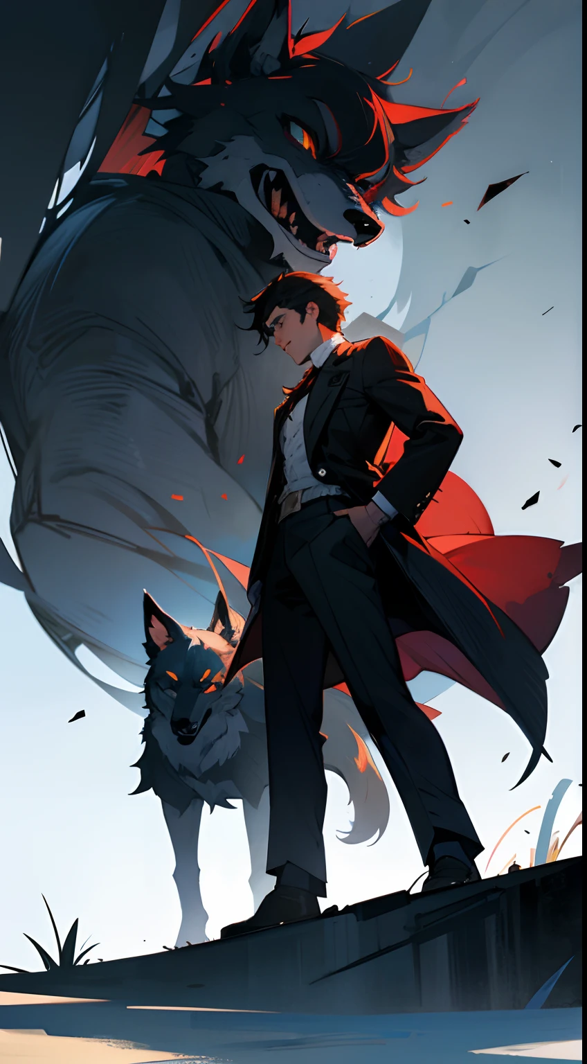 A wolf howls in front，The two men behind stood on the ground，Background ruins