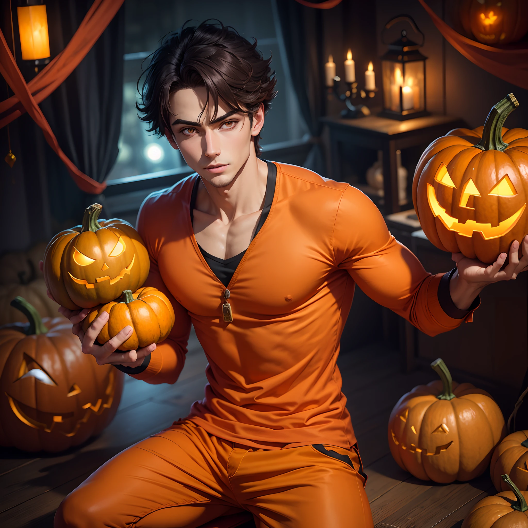 Handsome Halloween boy, Disney style, orange eyes lighter, orange clothes, holding pumpkin,