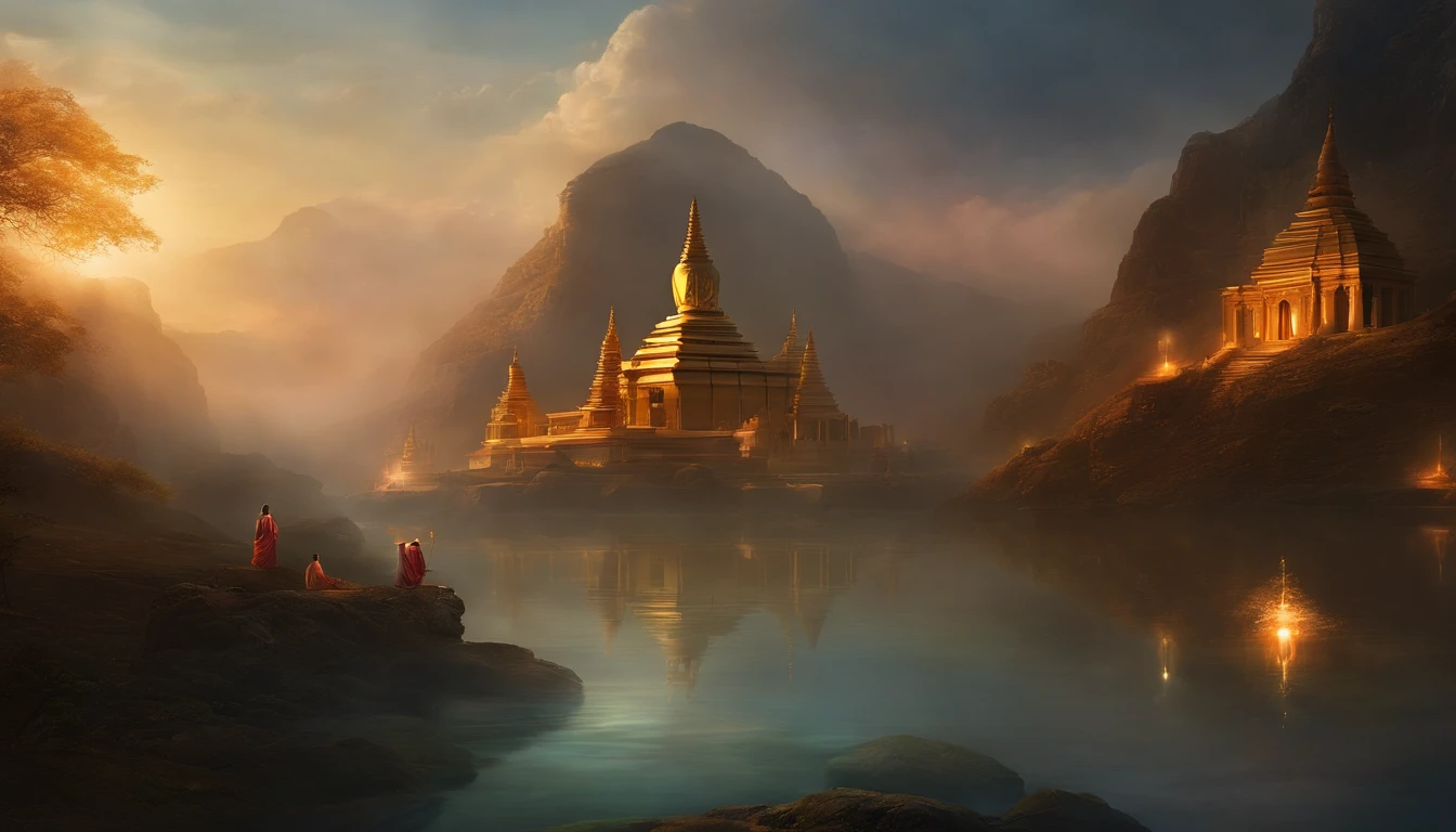 British Artists、Inspired by John Martin's dramatic style in the mysterious Visali, Vimalakirti offers alms to the radiant Buddha. Ethereal atmosphere with glowing lotus and smoke of sacred incense. Vimalakilti in spiritual robes.