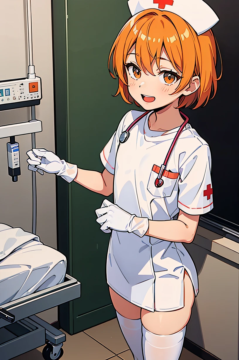 1boy, solo, male focus, nurse, nurse cap, white wear, ((white legwear, zettai ryouiki)), white gloves, short hair, orange hair, smile, open mouth, standing, ((hospital room)), sharp outline, short sleeves, shota, , best quality, masterpiece